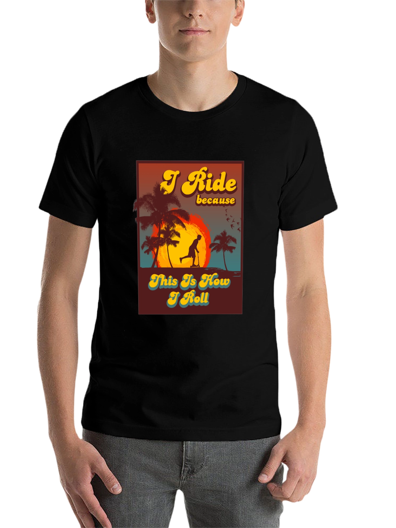 Black I Ride Scooter Tee - Retro Sunset Design view 7