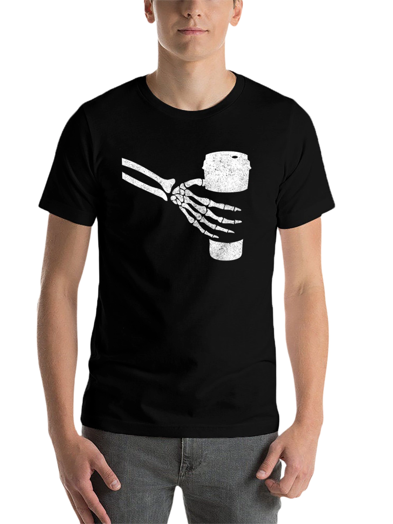 Black Skeleton Hand Holding Drink T-Shirt - Black view 7
