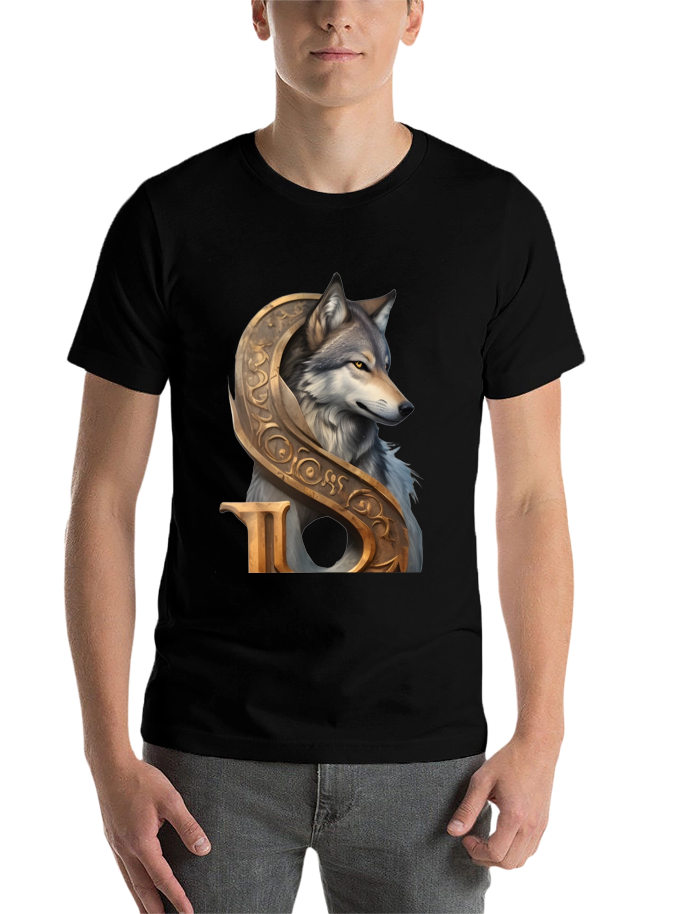 Black Wolf and Ornamental Letter T-Shirt view 7