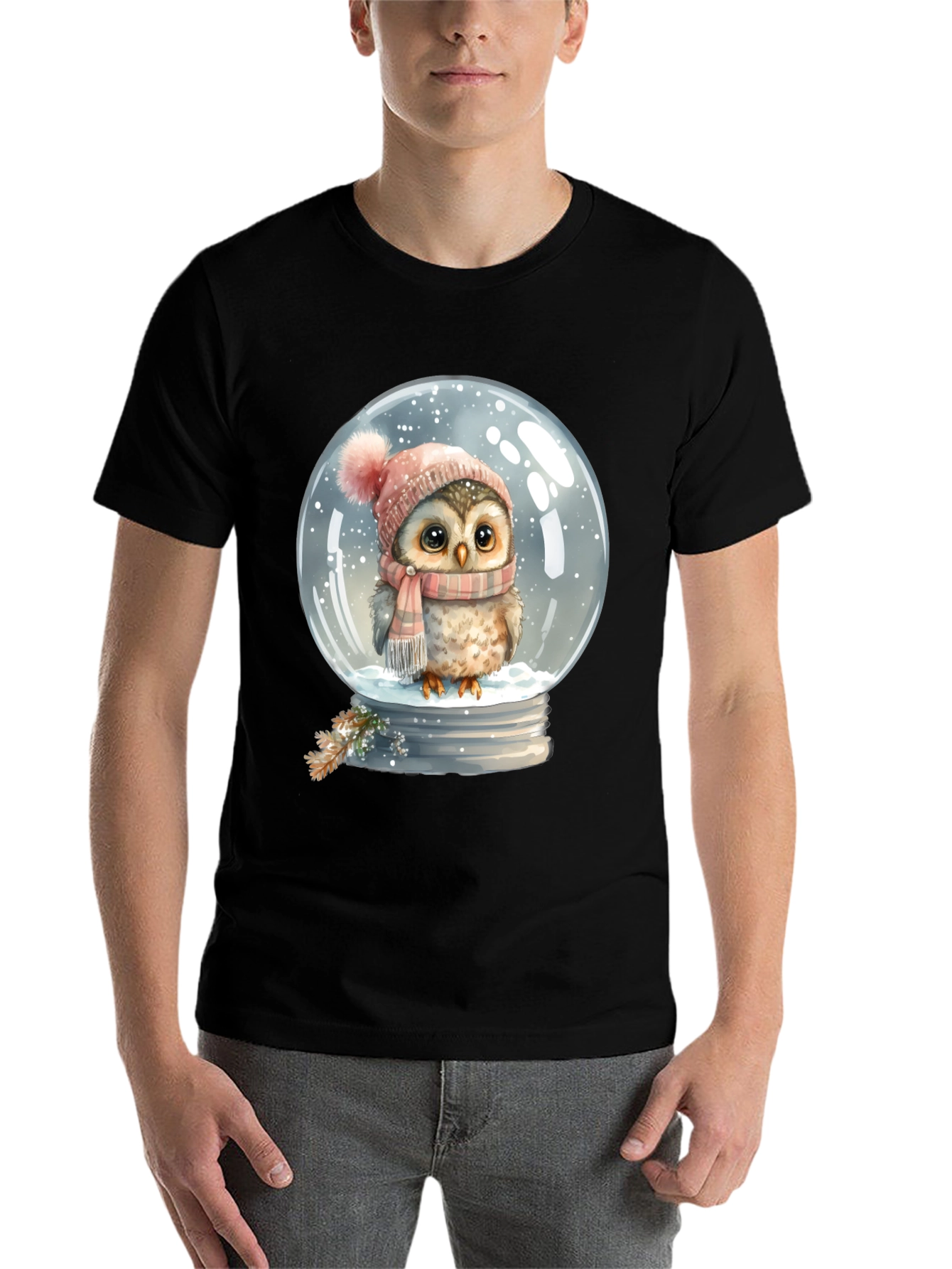Winter Owl in Snow Globe Black T-Shirt - 7