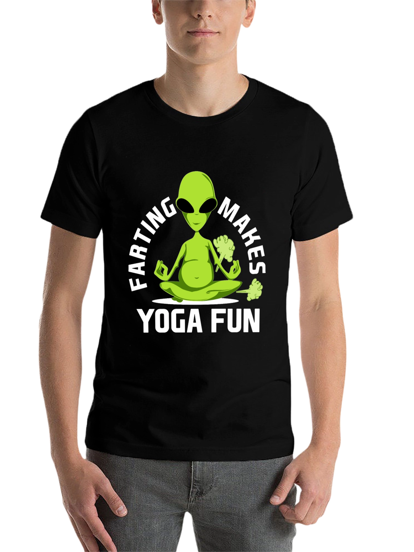 Black Farting Alien Yoga Funny T-Shirt view 7