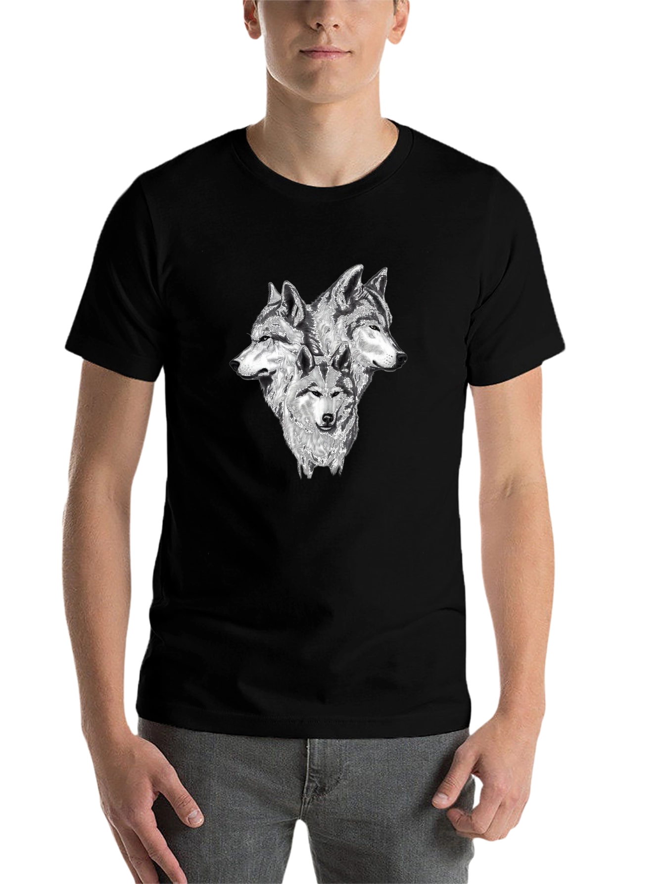 Black Three Wolf Head Graphic T-Shirt - Black view 7