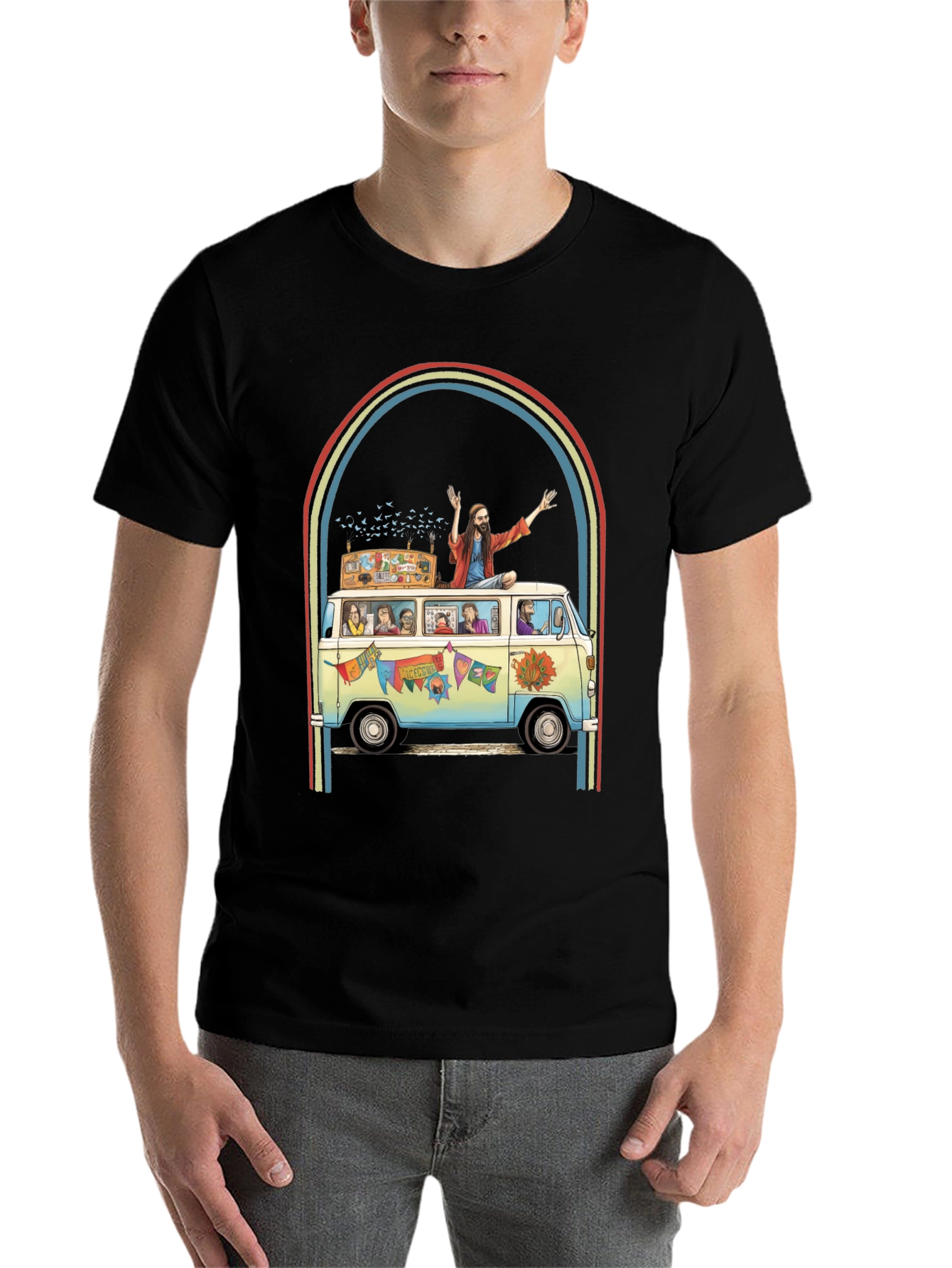 Black Hippie Bus T-Shirt - Groovy Retro Style view 7