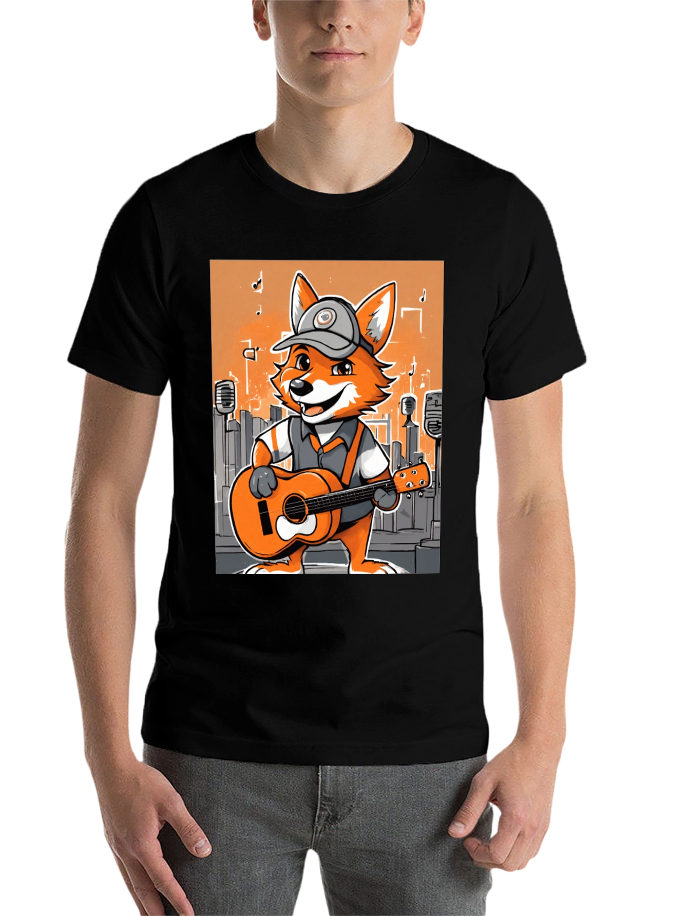 Black Cartoon Fox Musician Graphic Tee view 7