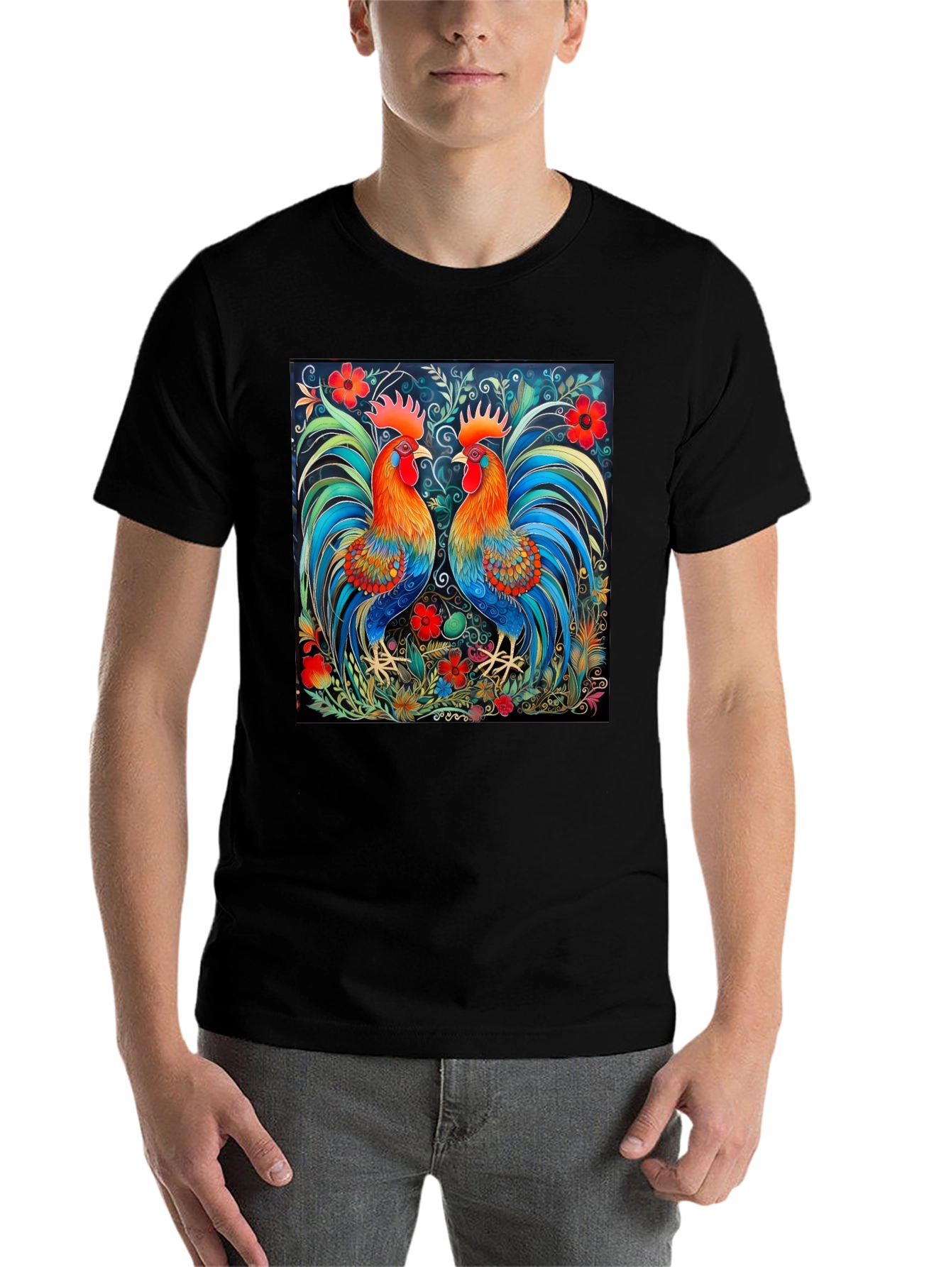 Black Rooster Art Print Black T-Shirt - Stylish Graphic Tee view 7