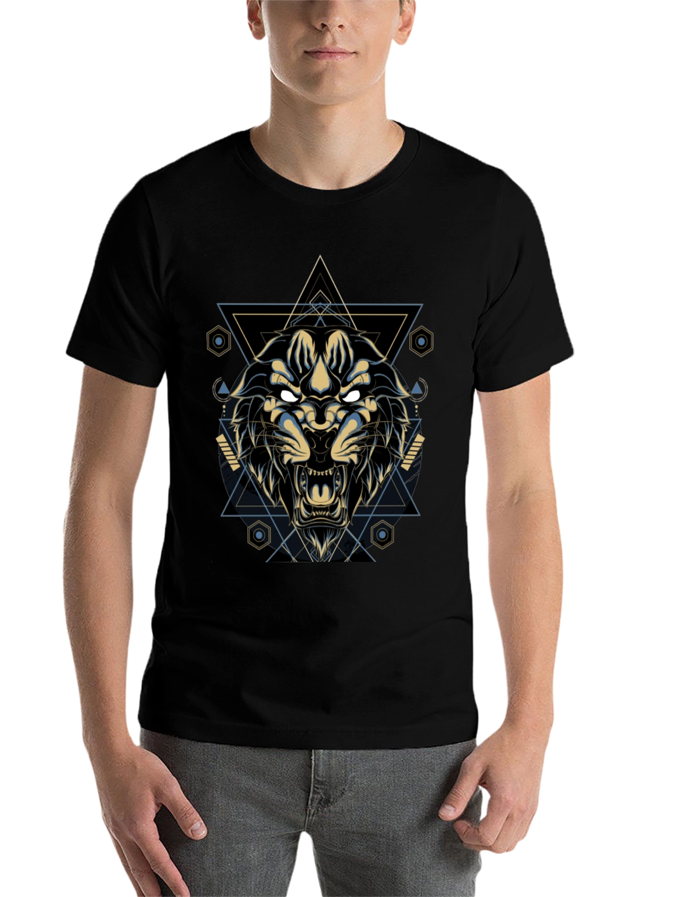 Black Geometric Lion Graphic Tee - Cool & Stylish view 7