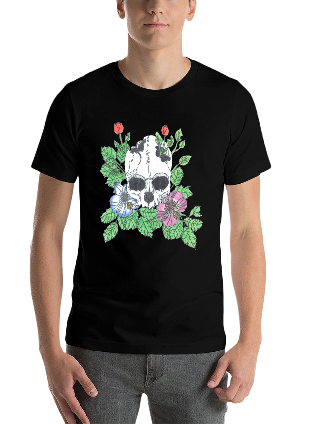 Black Skull Floral Graphic Tee - Stylish Black T-Shirt view 7