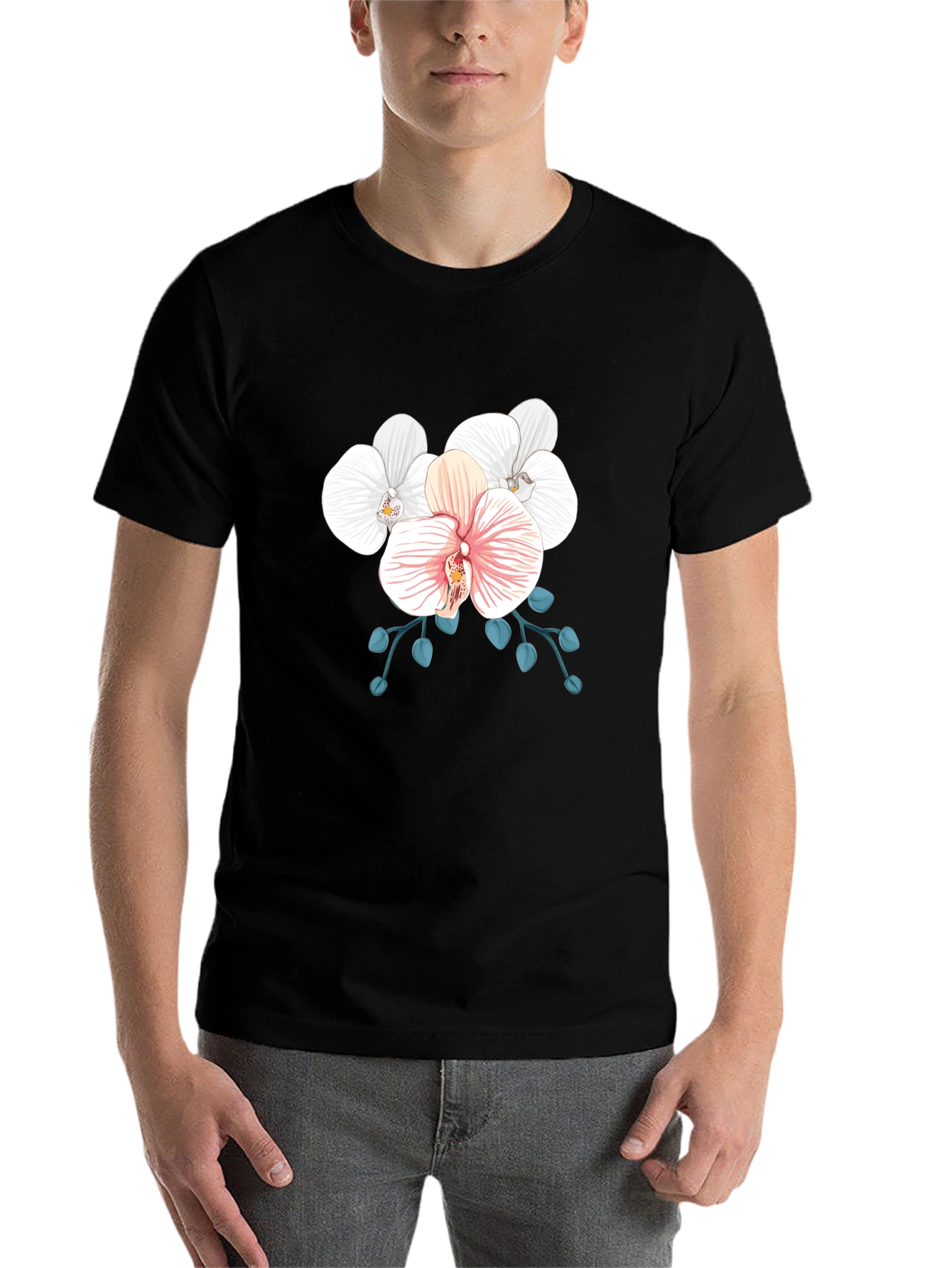 Black Floral Orchid Graphic Tee - Black Cotton Blend view 7