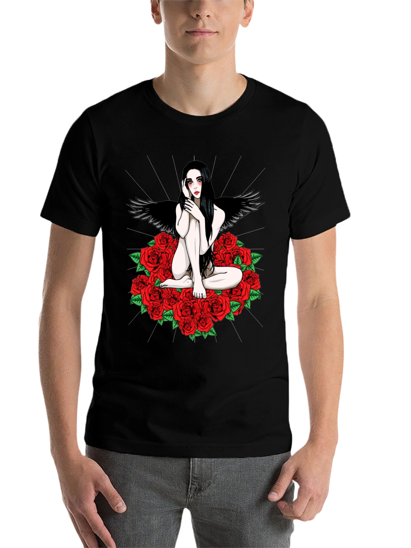Black Gothic Angel Rose T-Shirt - Dark Fantasy Tee view 7