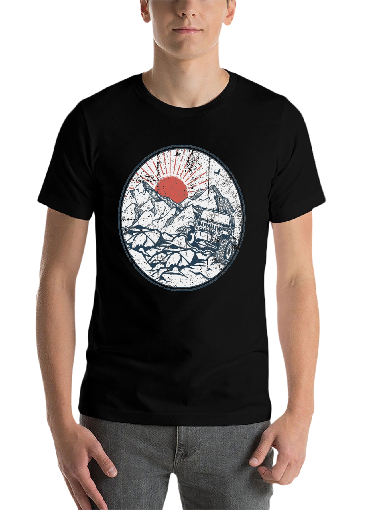 Black Off-Road Adventure Tee - Mountain Sunset Jeep Design view 7