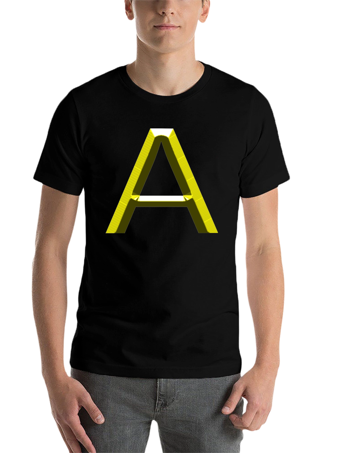 Black Men's Black T-Shirt with 3D Yellow "A" Graphic view 7