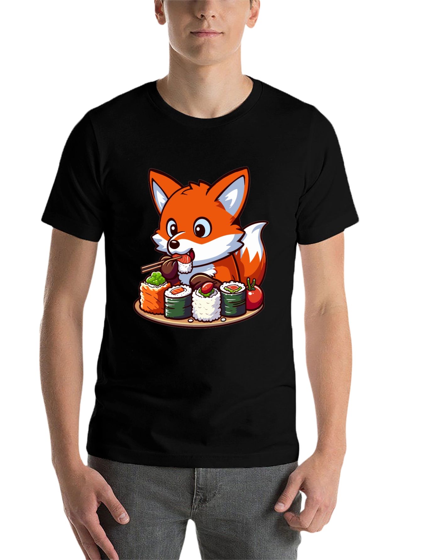Black Fox Loves Sushi Graphic T-Shirt - Unisex Casual Tee view 7