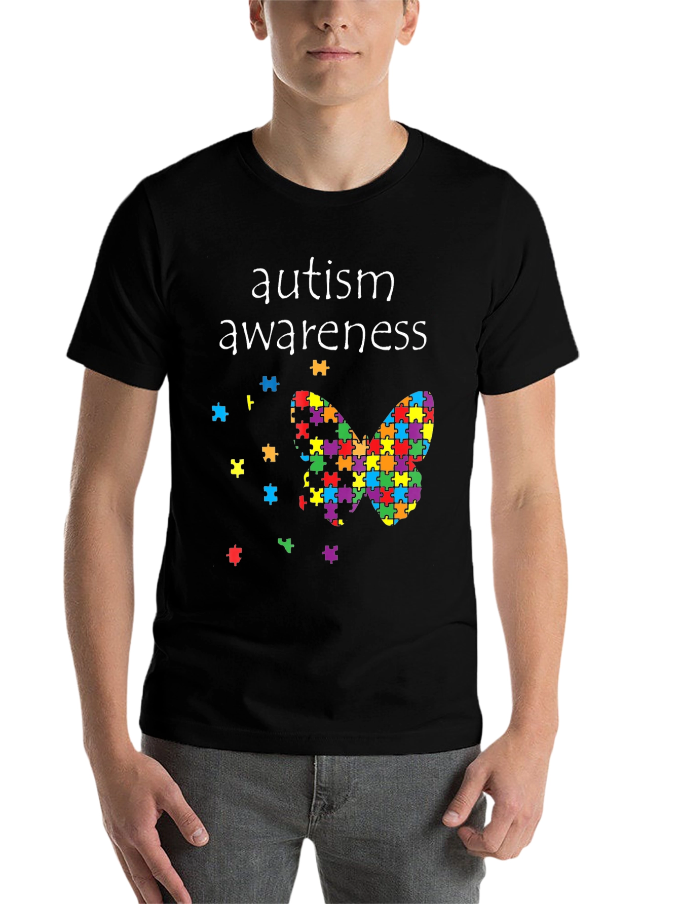 Black Autism Awareness Butterfly Puzzle Piece T-Shirt view 7