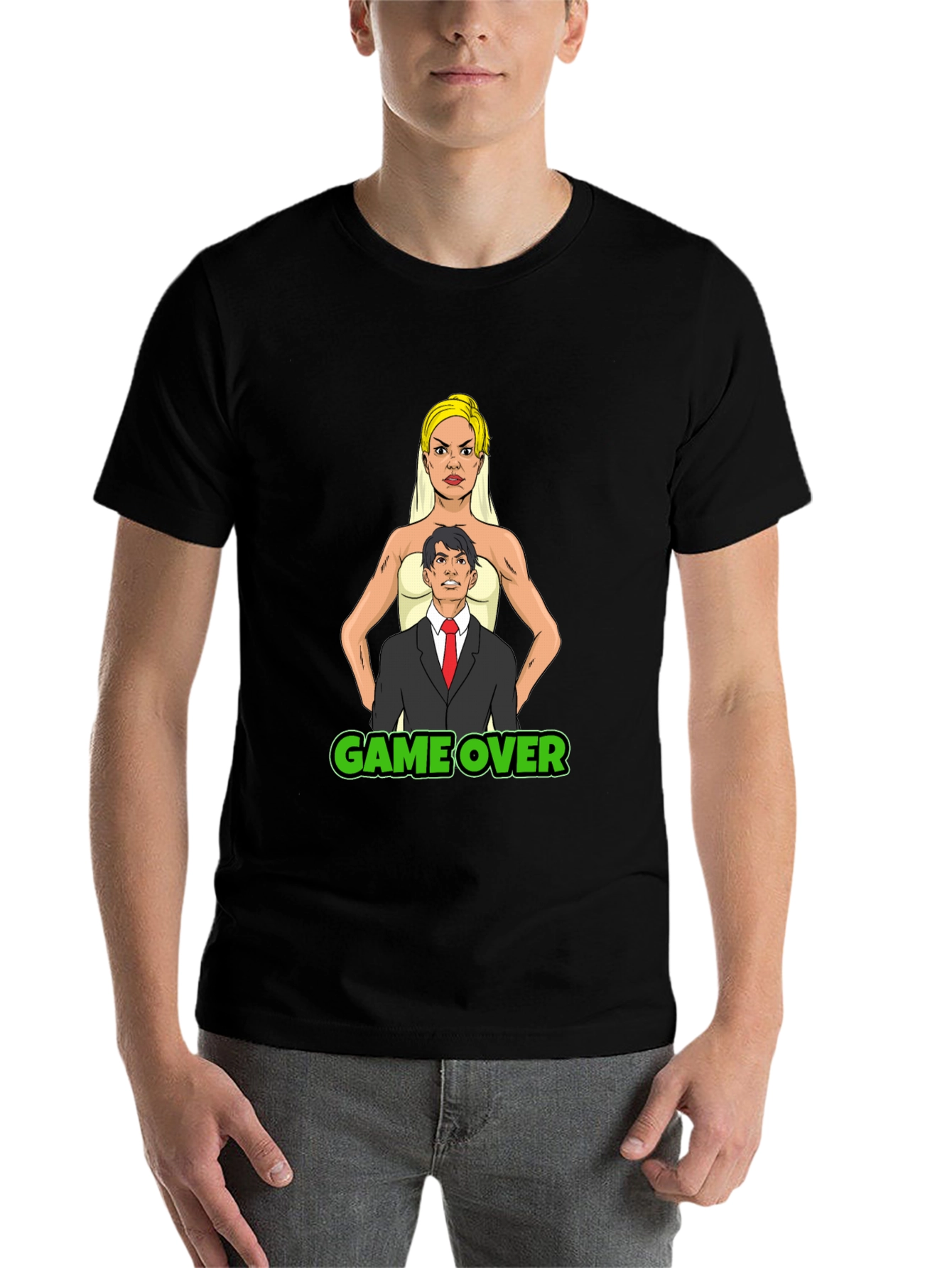 Black Game Over Bride & Groom T-Shirt - Funny Wedding Tee view 7