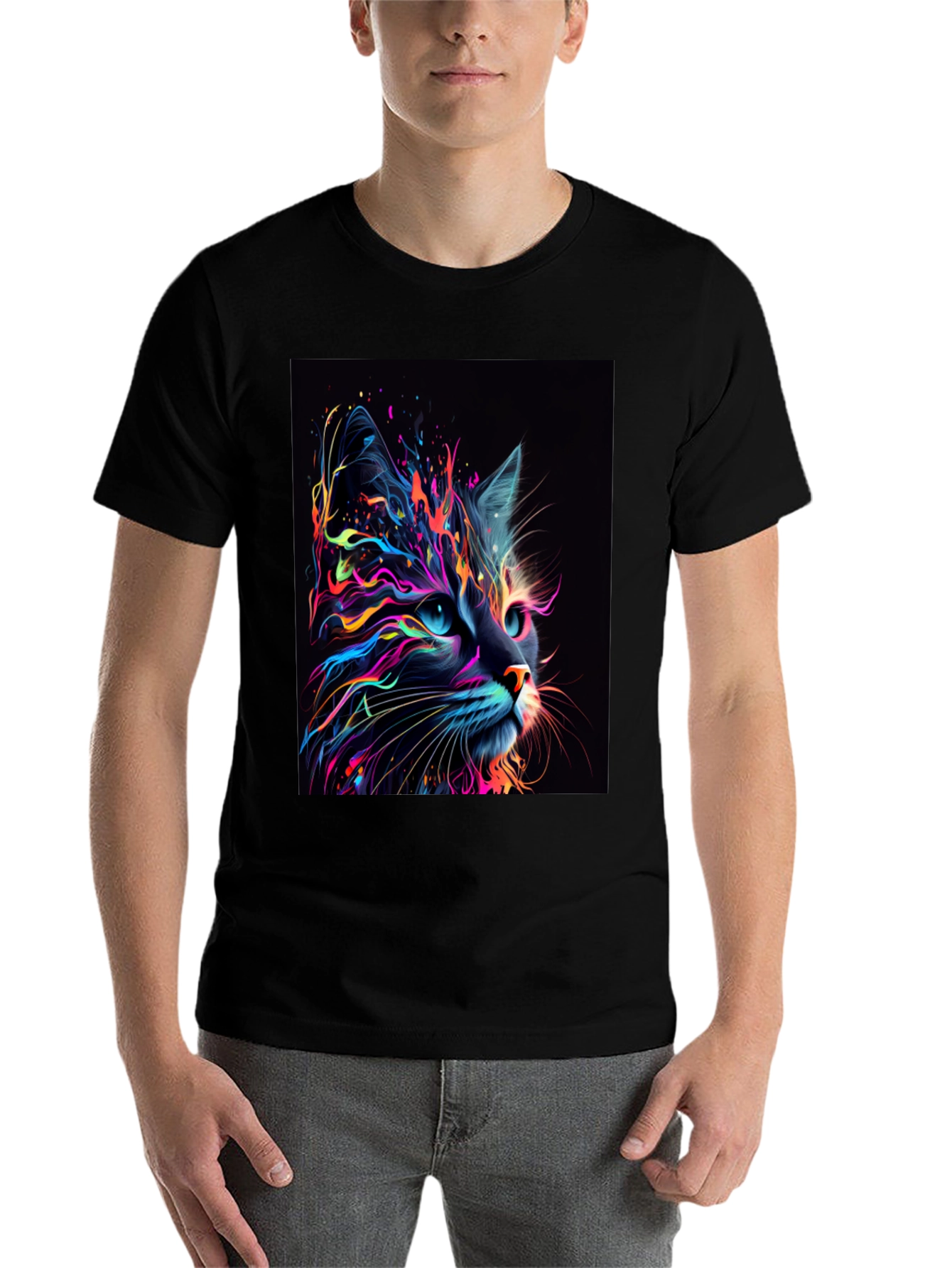 Black Neon Cat Graphic T-Shirt - Unique Design view 7