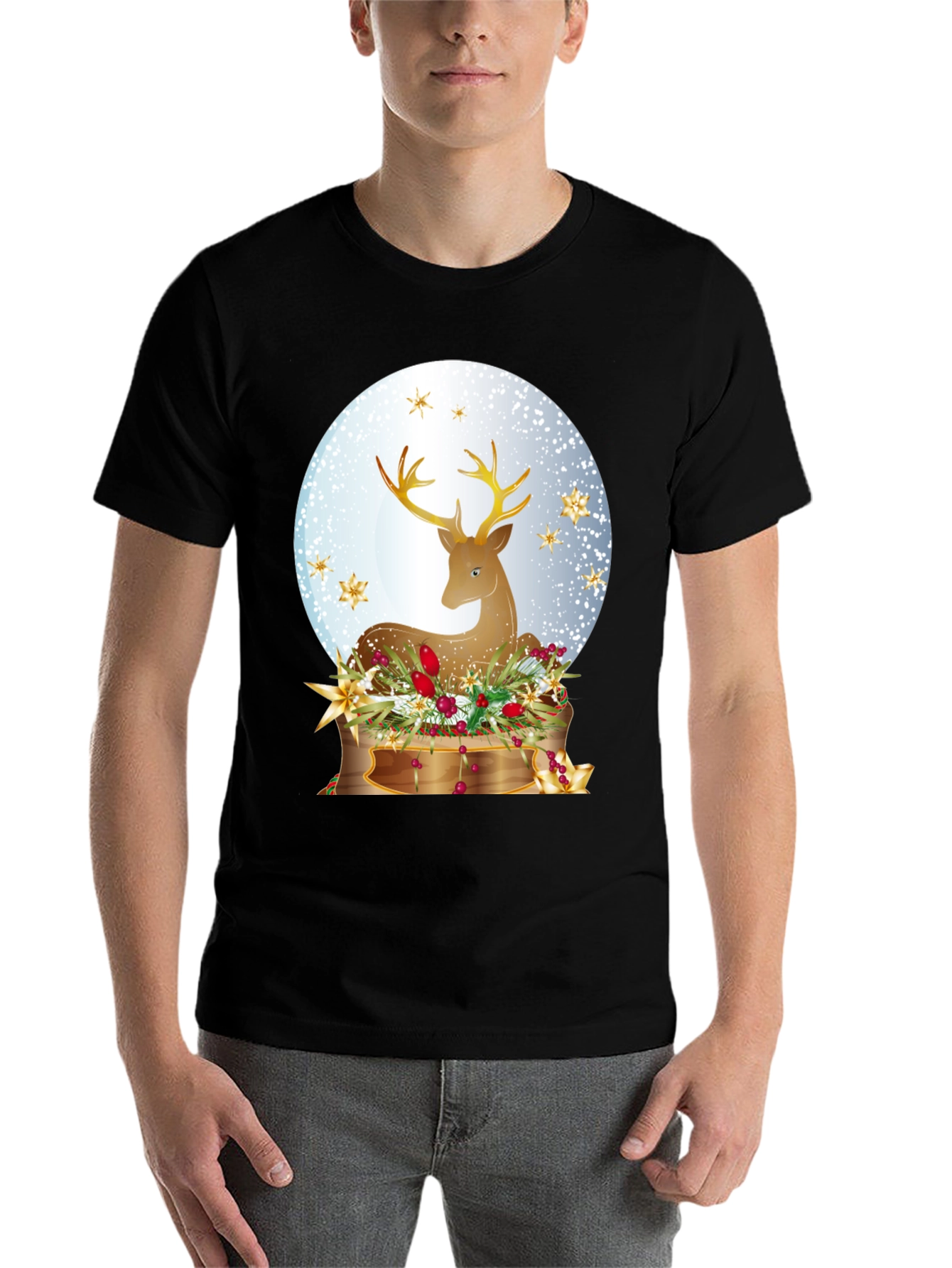 Black Festive Deer Graphic T-Shirt - Holiday Season Apparel view 7