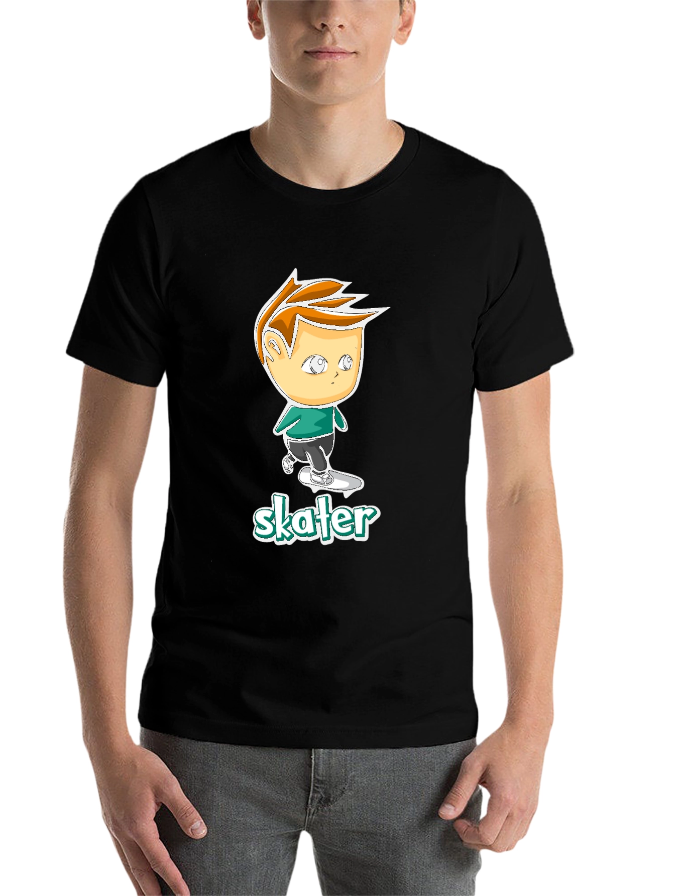Black Cool Skater Boy Cartoon Black T-Shirt view 7
