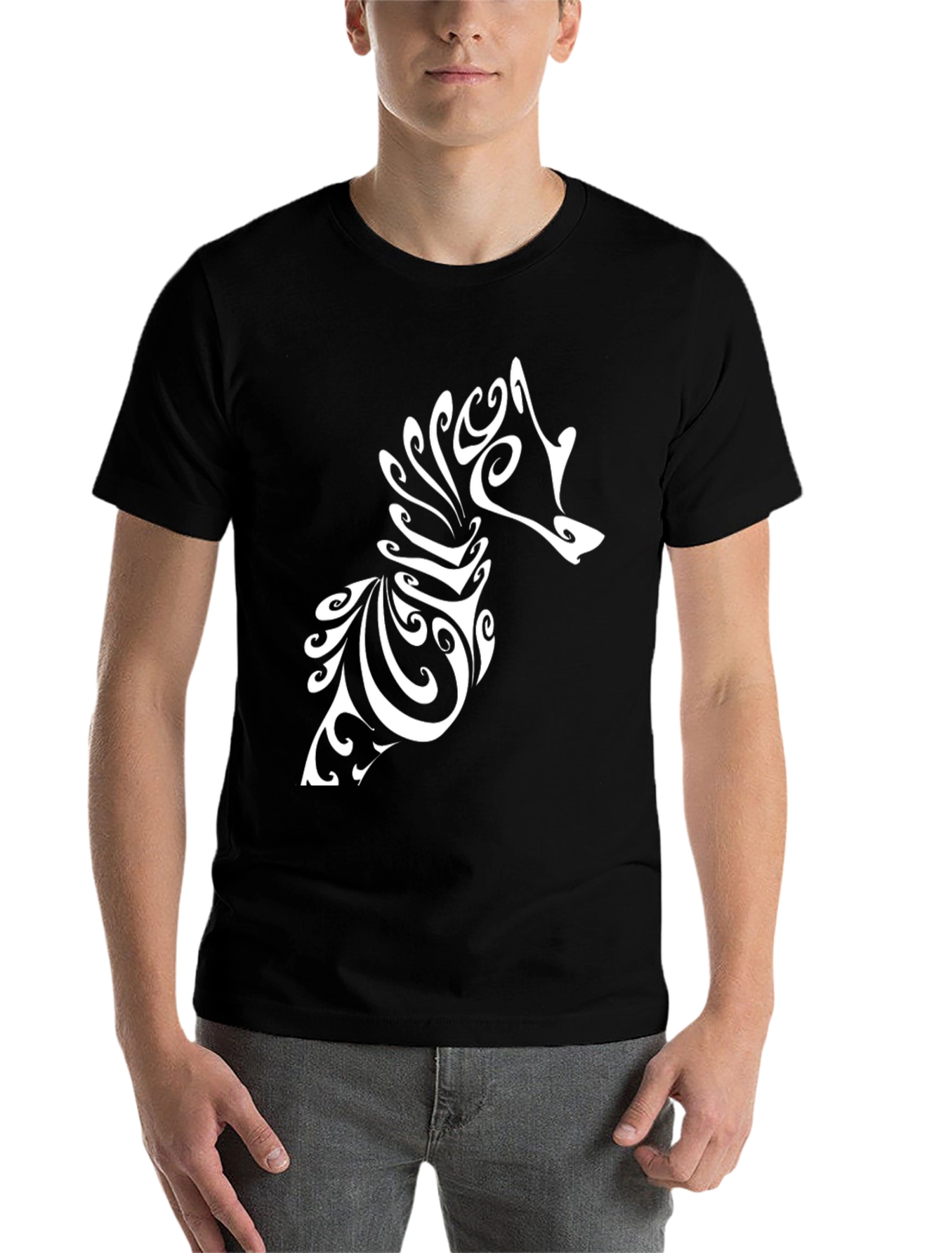 Black Tribal Seahorse Graphic Tee - Black Cotton T-Shirt view 7