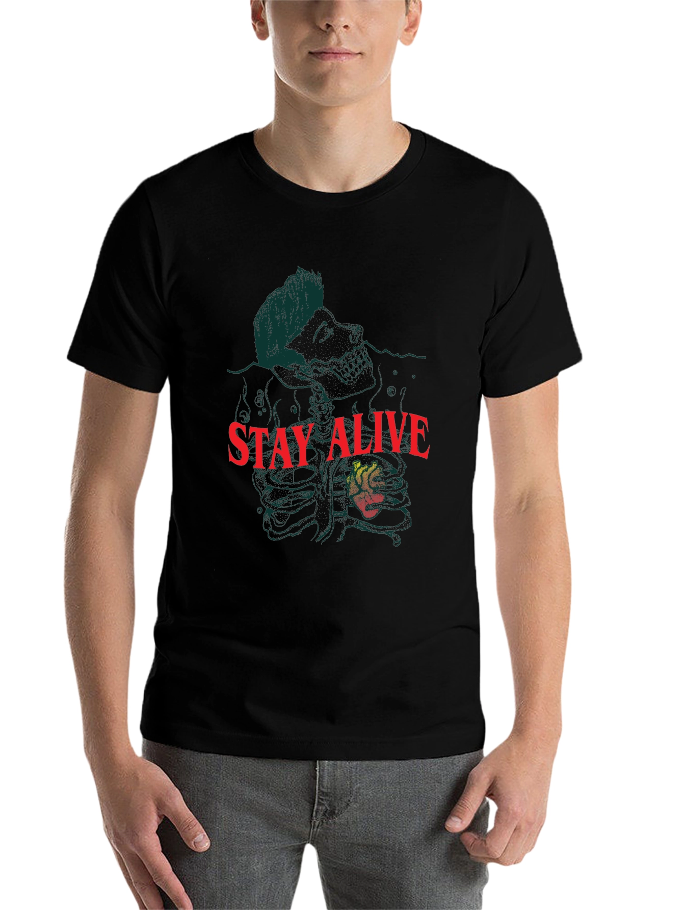 Black Stay Alive Graphic Tee - Black Crew Neck Cotton T-Shirt view 7
