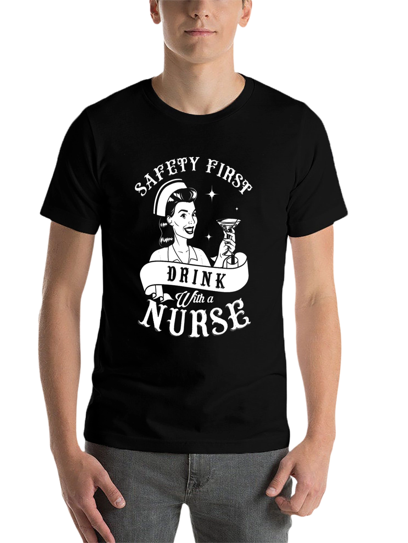 Black Safety First Drink With A Nurse Funny T-Shirt view 7