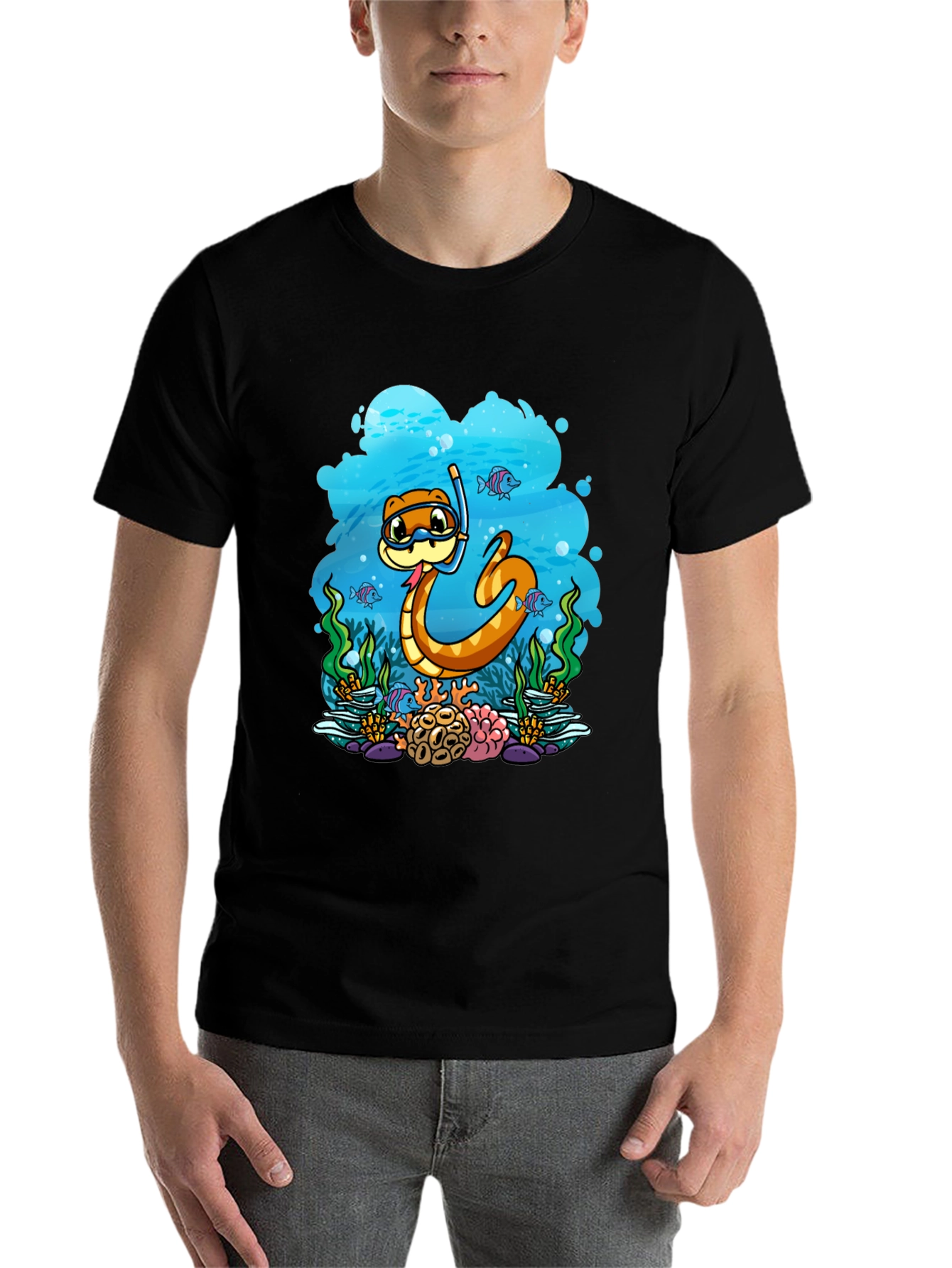 Black Cartoon Snorkeling Snake Graphic Tee view 7