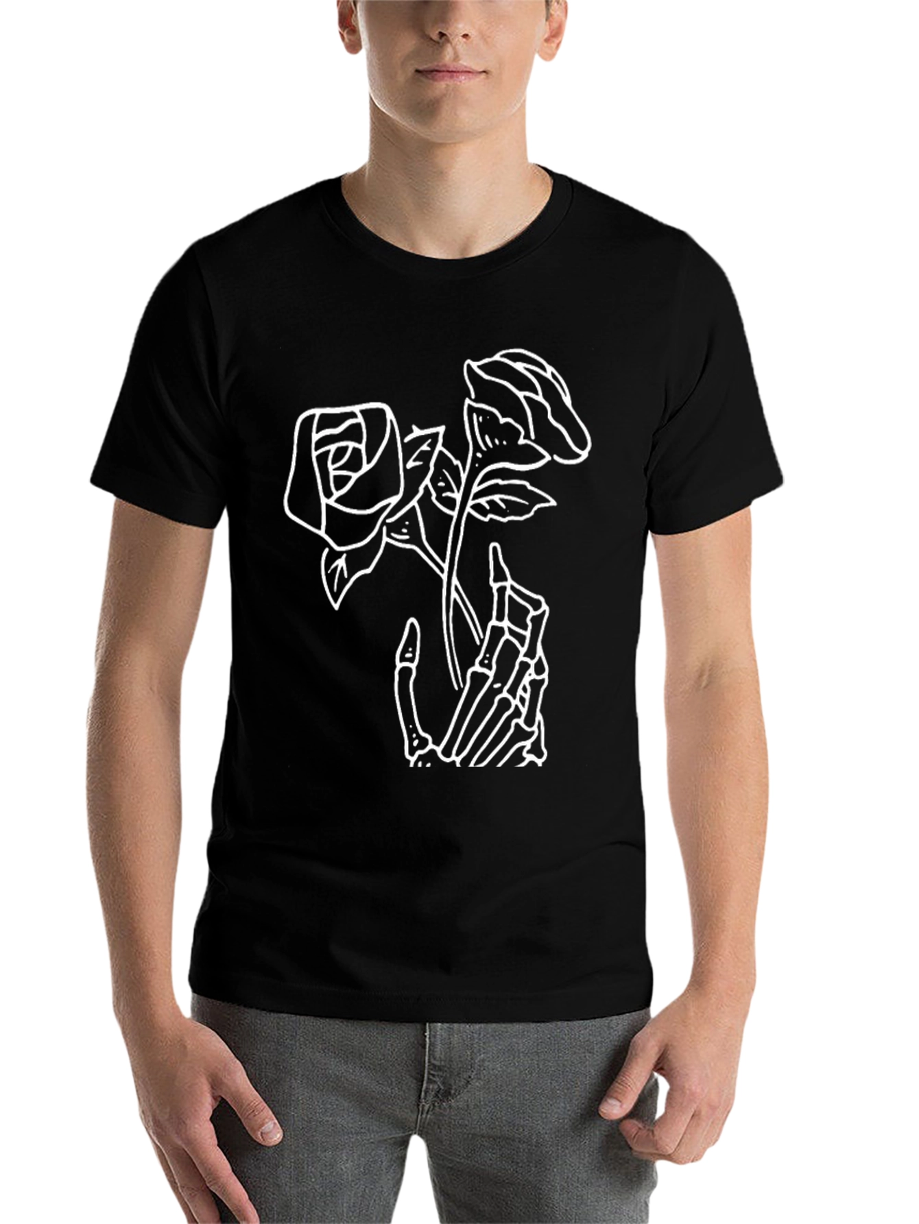 Black Skeleton Hand Rose Graphic Tee - Black Casual T-Shirt view 7