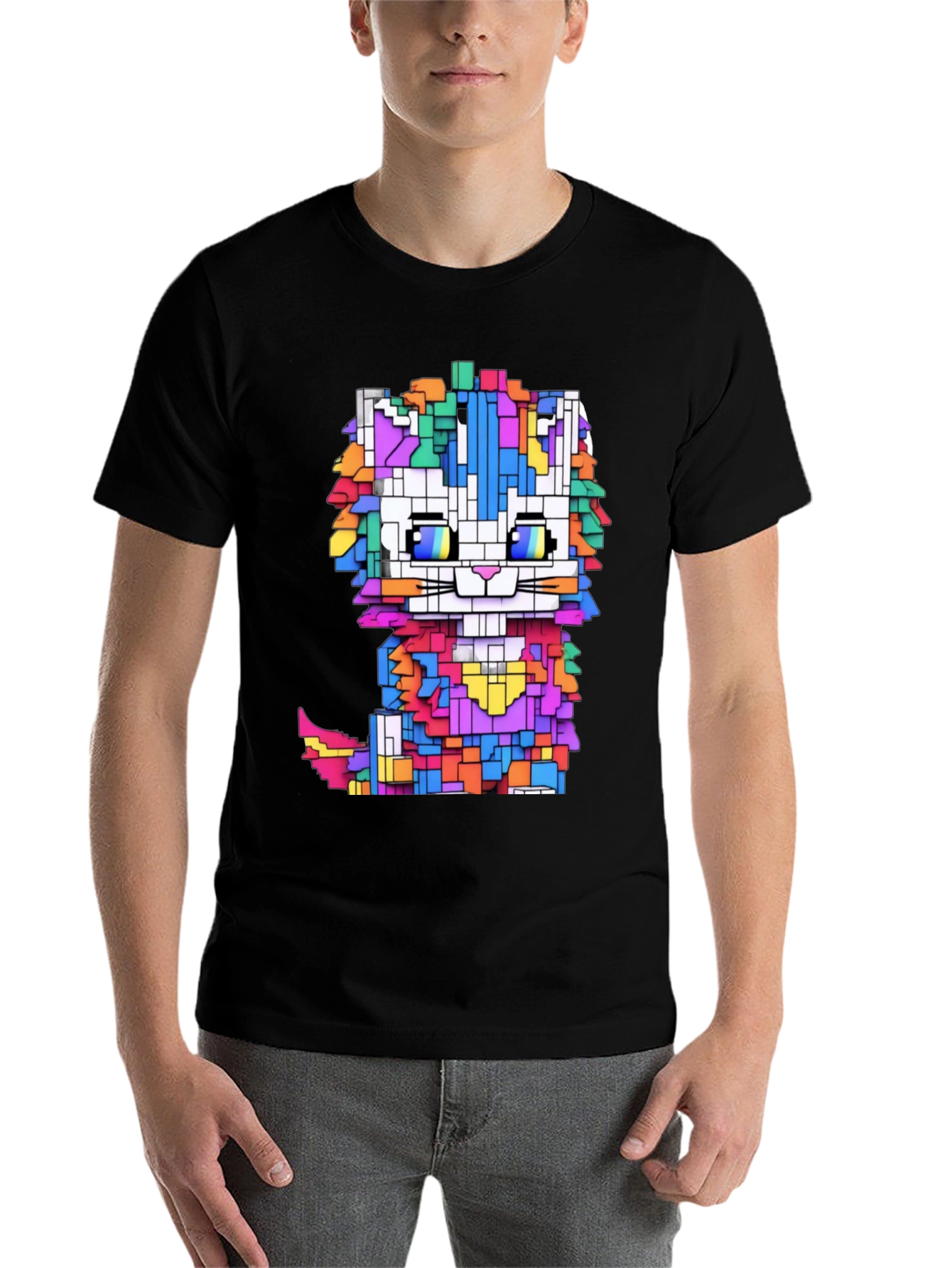 Black Pixel Cat T-Shirt - Funky Geometric Design view 7