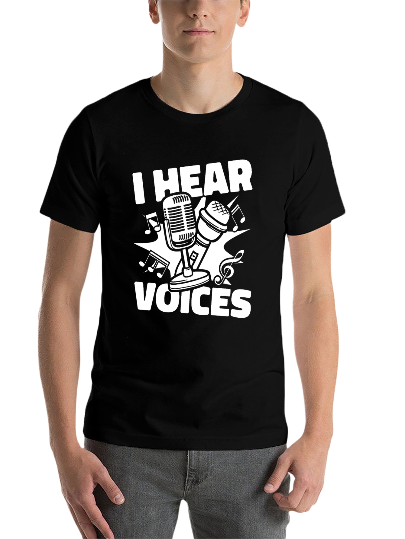 Black I Hear Voices Microphone T-Shirt view 7