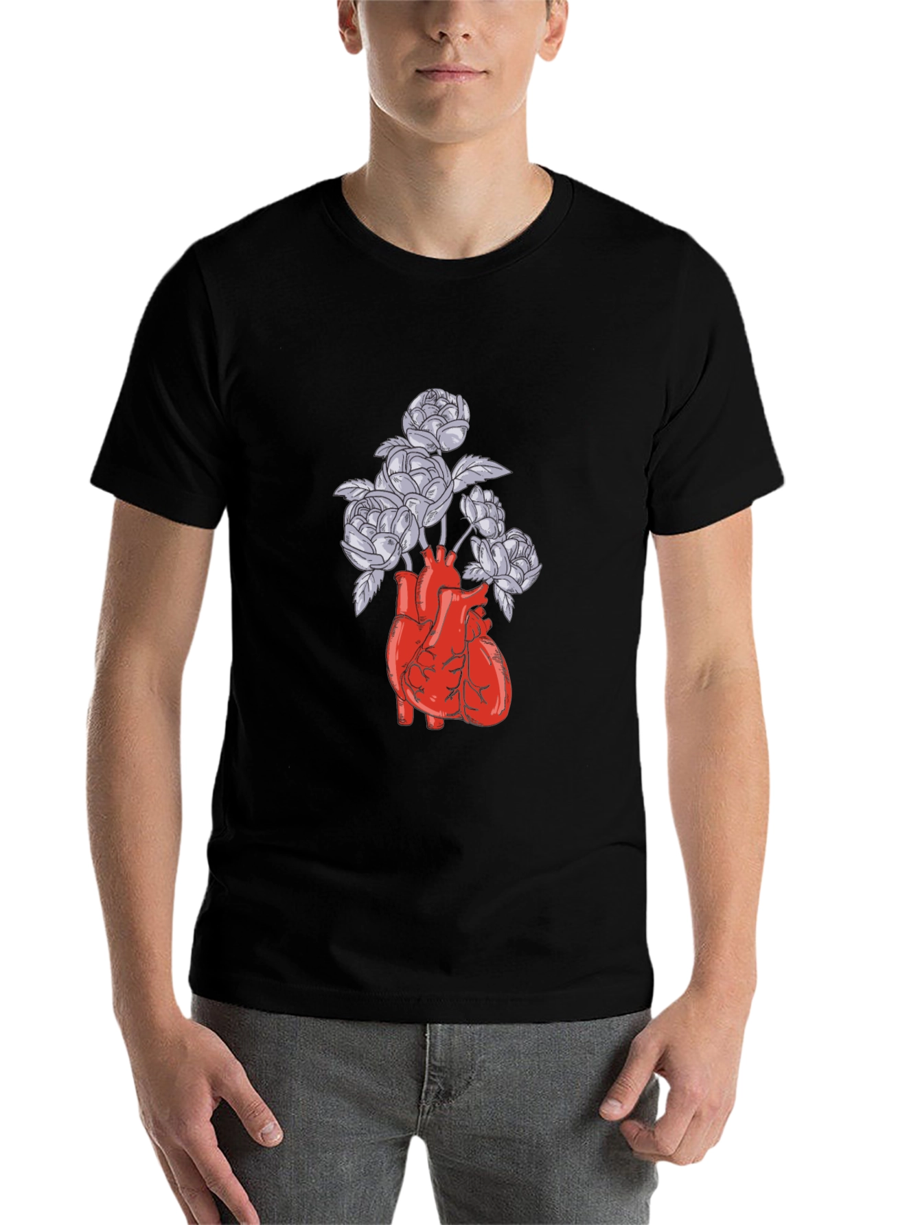 Black Anatomical Heart and Flowers Graphic T-Shirt view 7