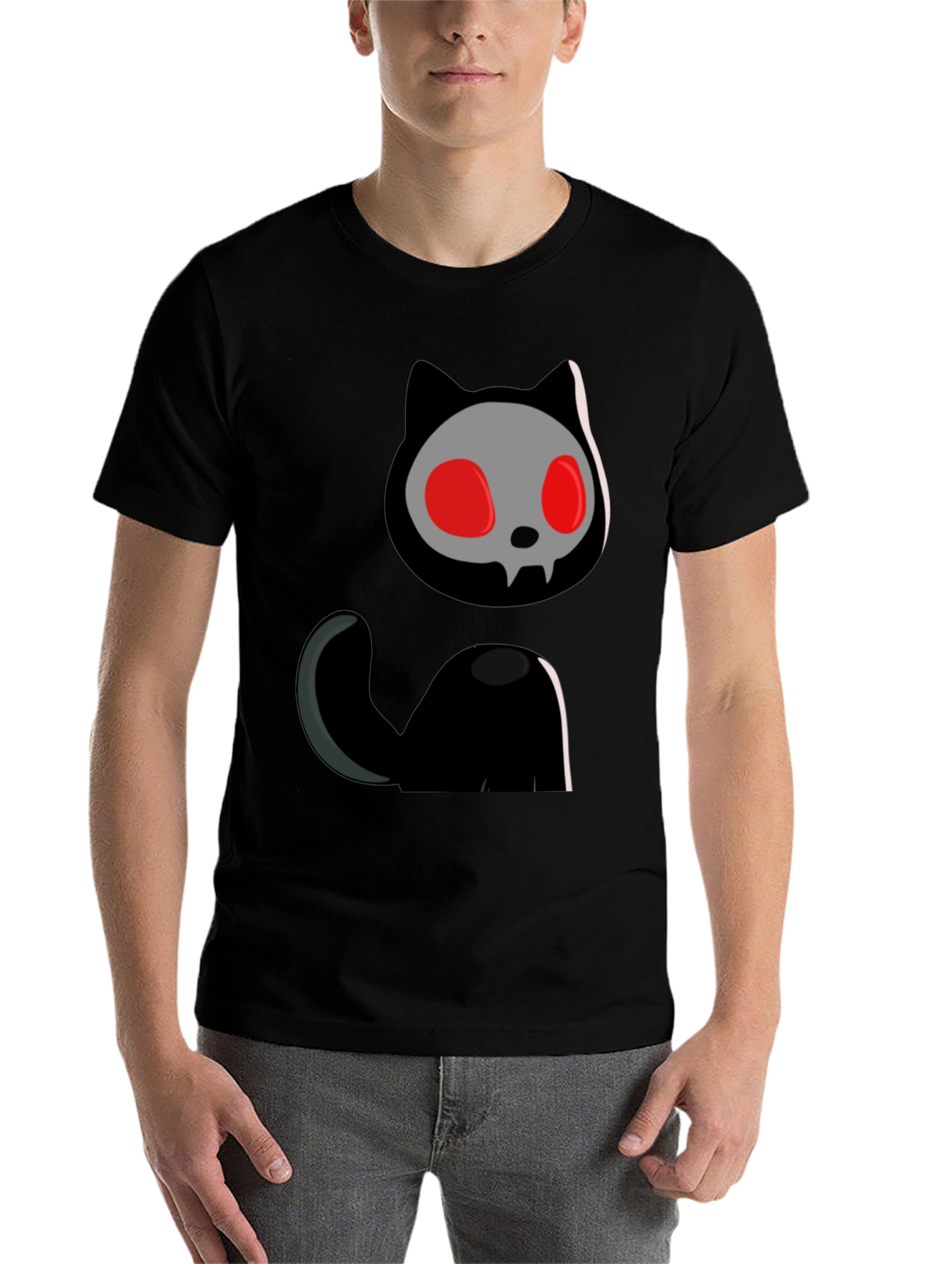 Black Skull Cat Graphic Tee - Black Cotton T-Shirt view 7