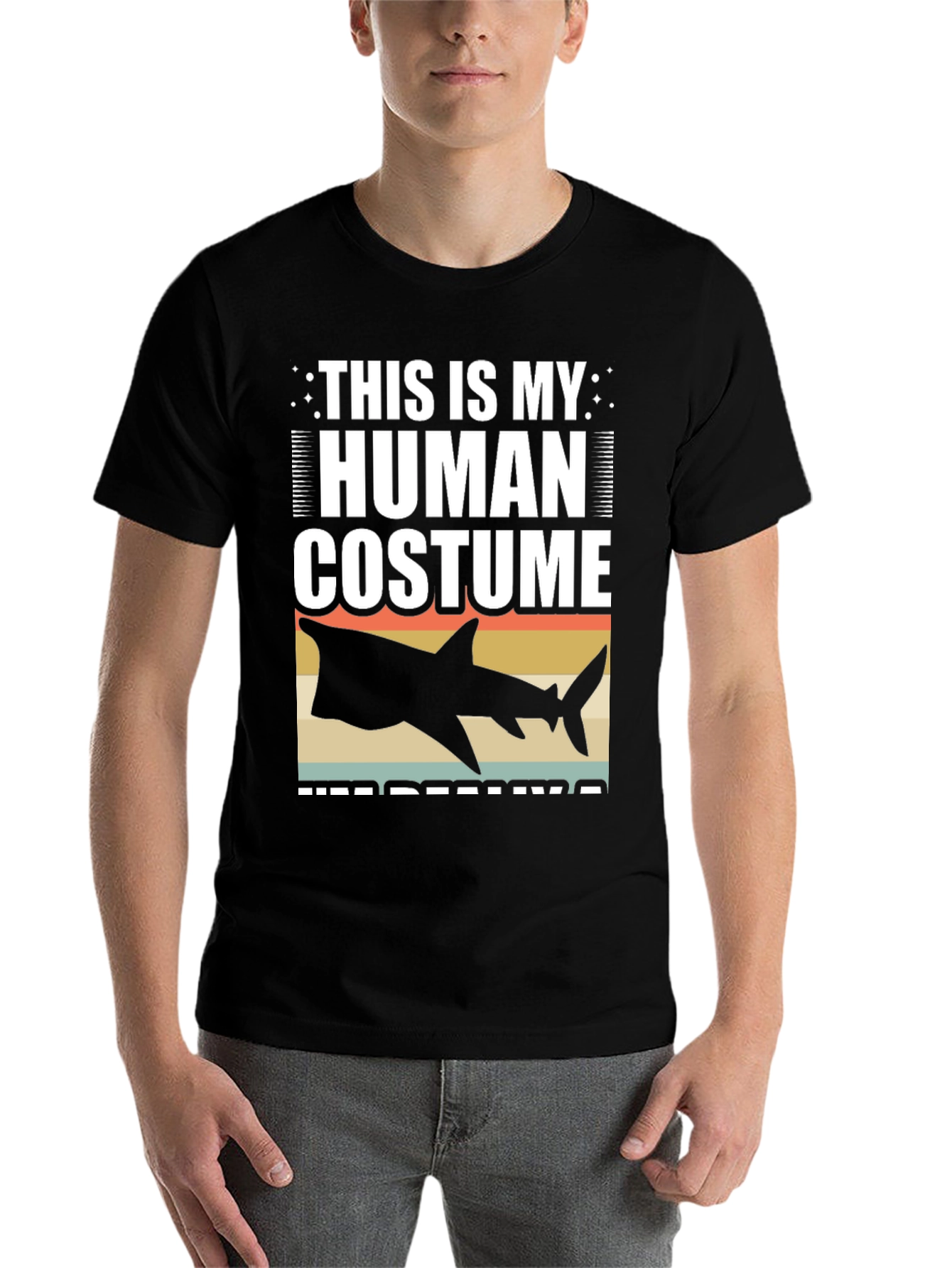 Black Human Costume Shark T-Shirt Funny Halloween Tee view 7