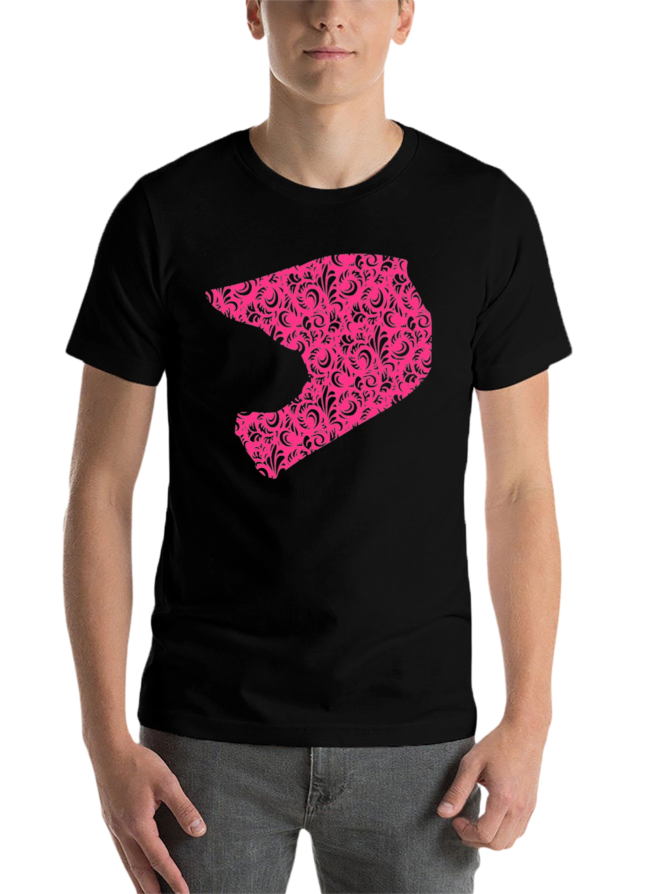 Black Men's Black T-shirt with Pink Helmet Design view 7