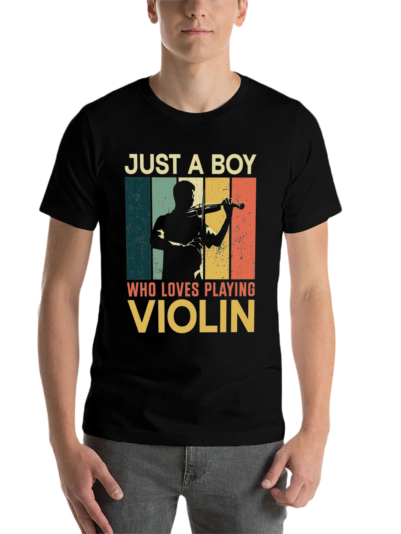 Black Just a Boy Who Loves Playing Violin T-Shirt view 7
