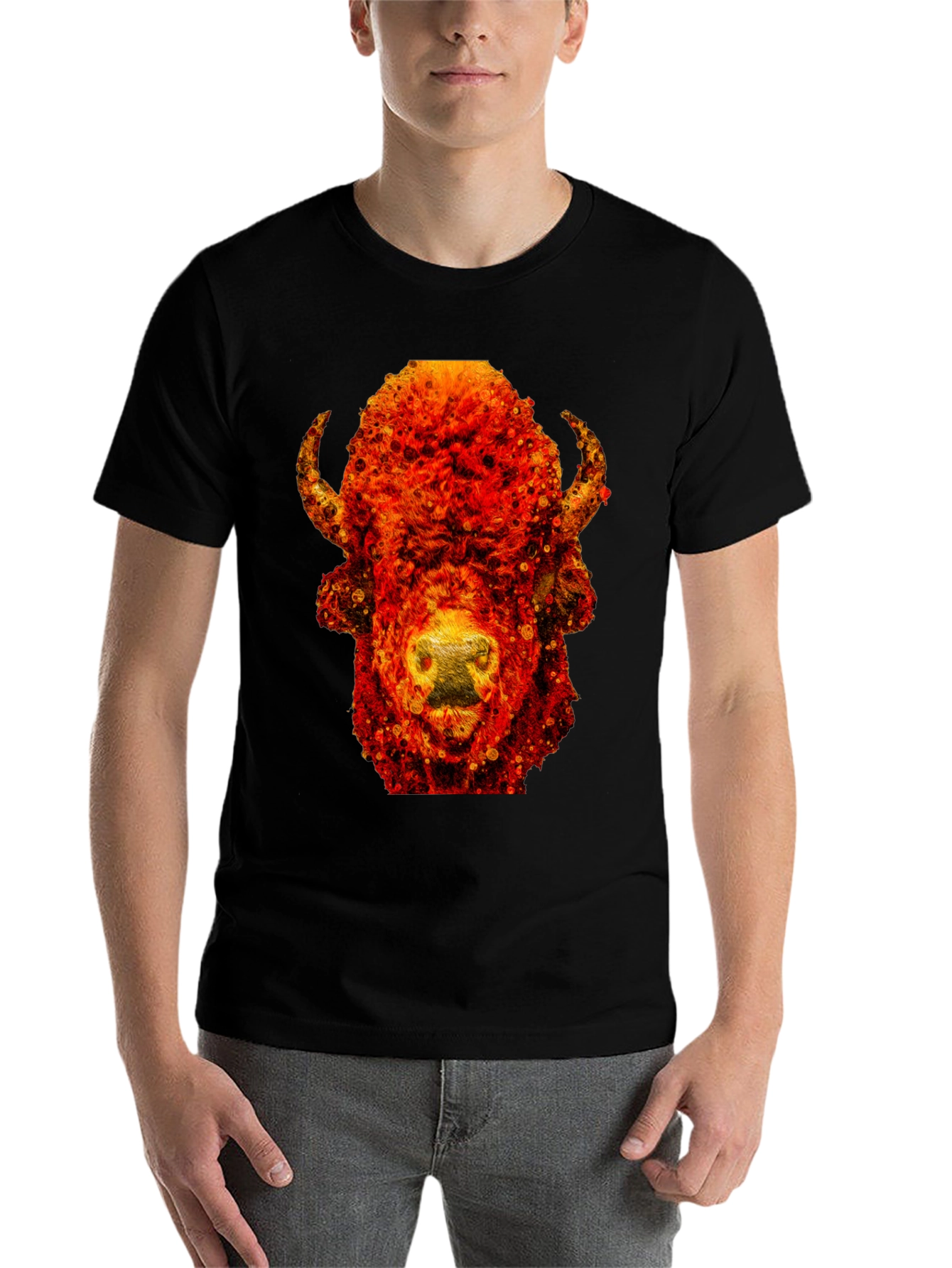 Black Fiery Bison Graphic Tee - Cool Animal Print T-Shirt view 7