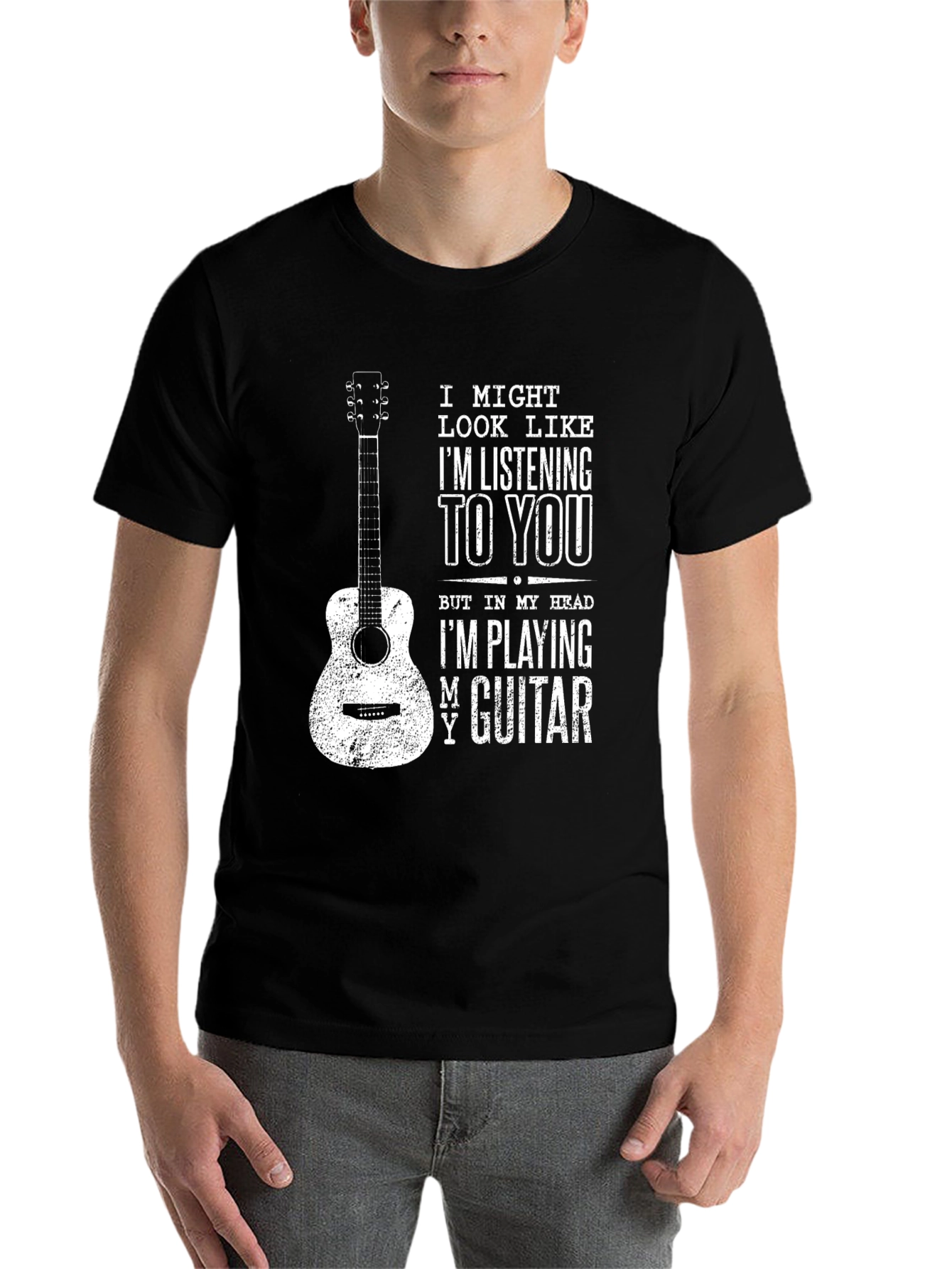 Black Guitar Player T-Shirt: I'm Playing My Guitar view 7