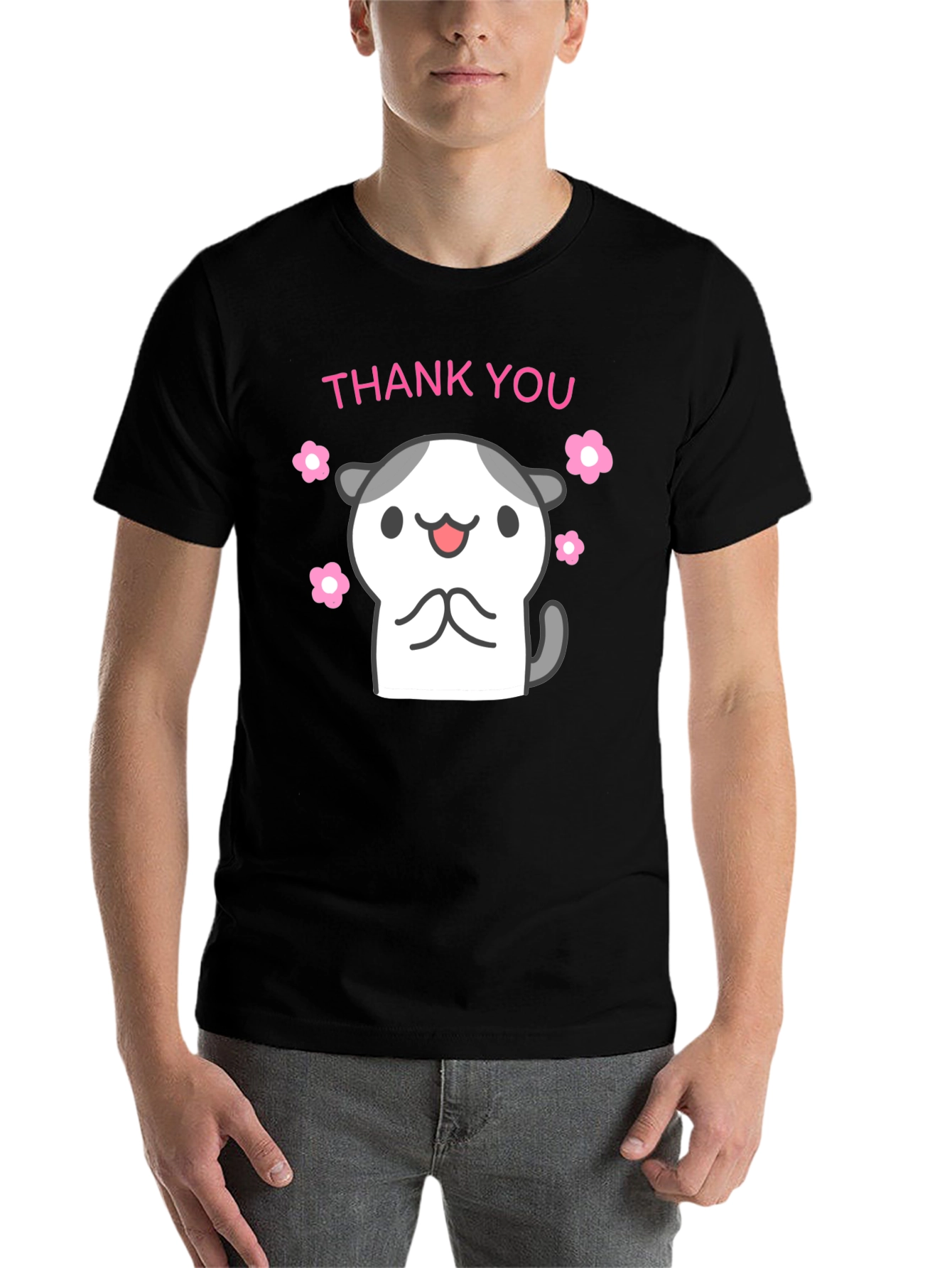 Black Cute Thank You Kitty Black T-Shirt view 7