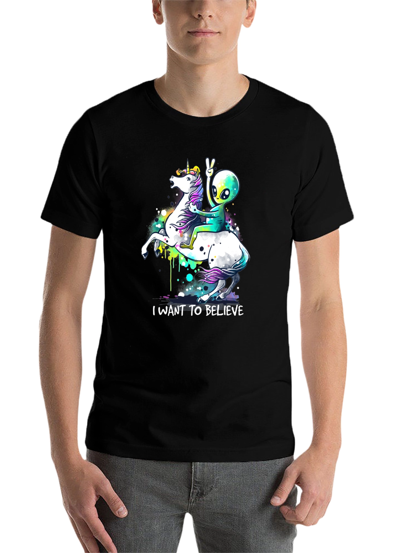 Black Alien Riding Unicorn T-Shirt - I Want To Believe view 7