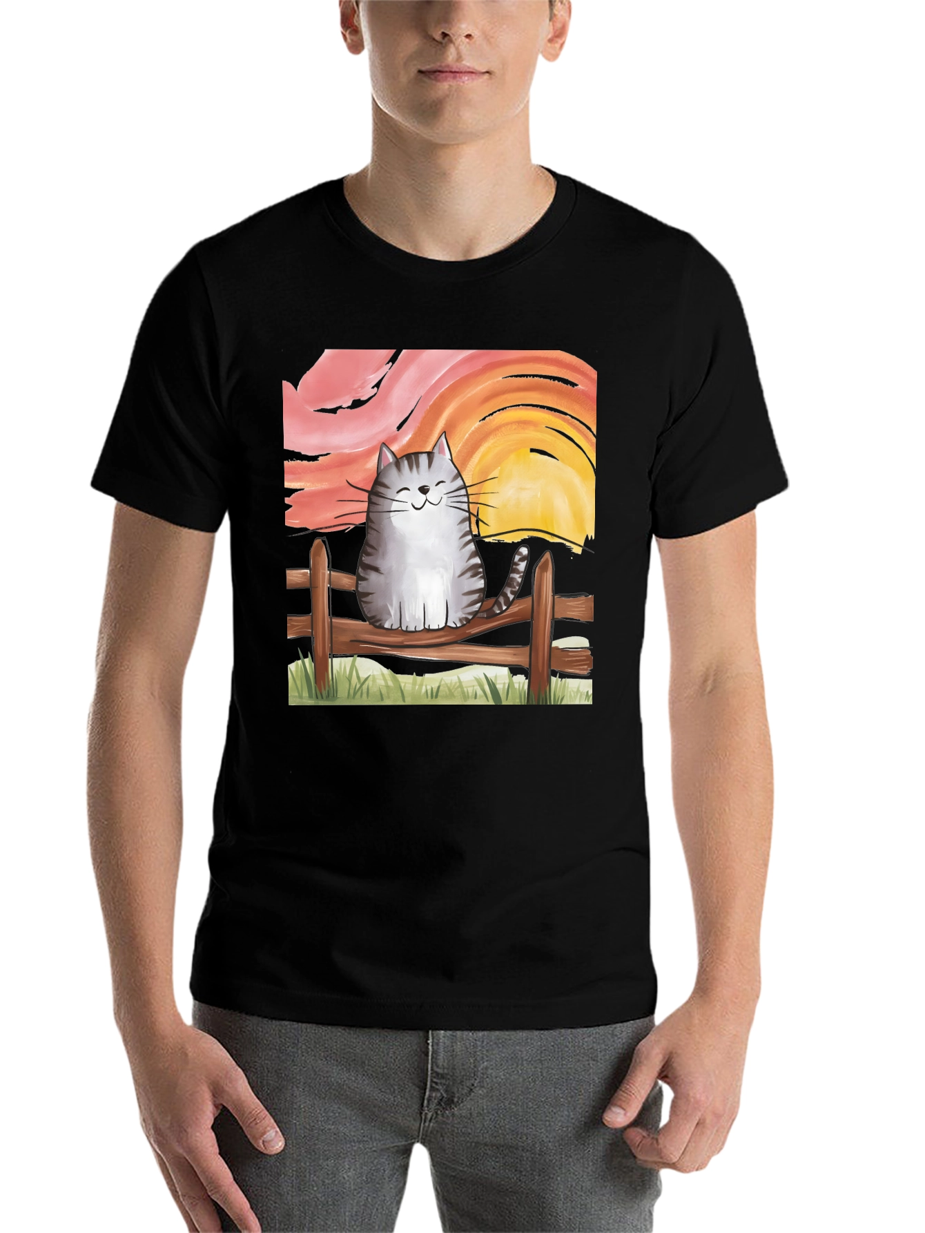 Black Cat on Fence Sunset Graphic Tee view 7