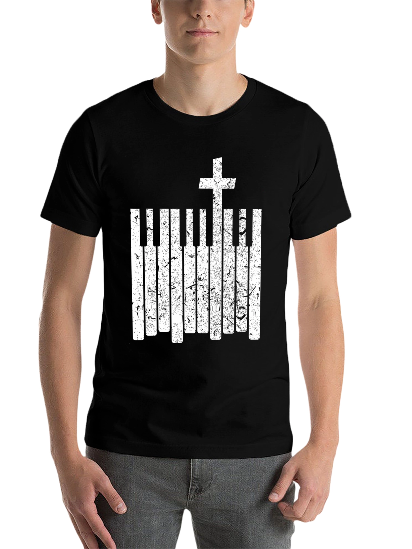 Black Piano Keys Cross Graphic Black T-Shirt view 7