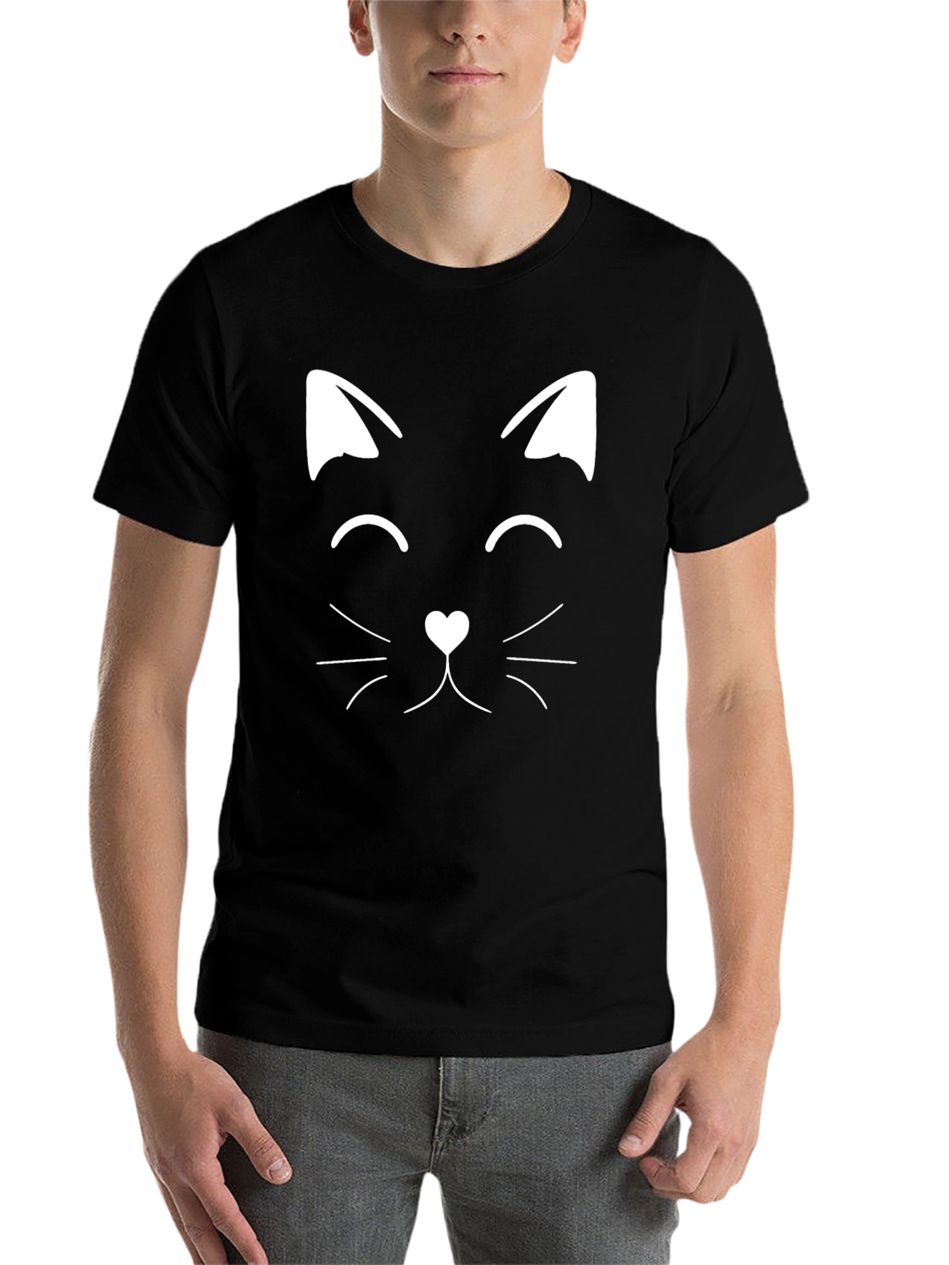 Black Cute Cat Face Graphic Tee - Black Cotton T-Shirt view 7