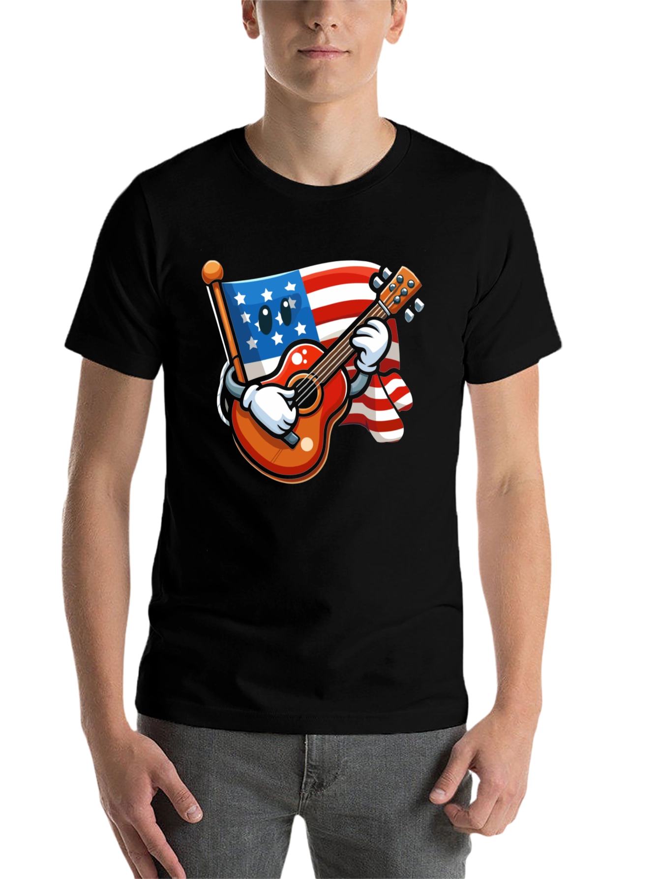 Black USA Flag Guitar T-Shirt - Patriotic Cartoon Design view 7