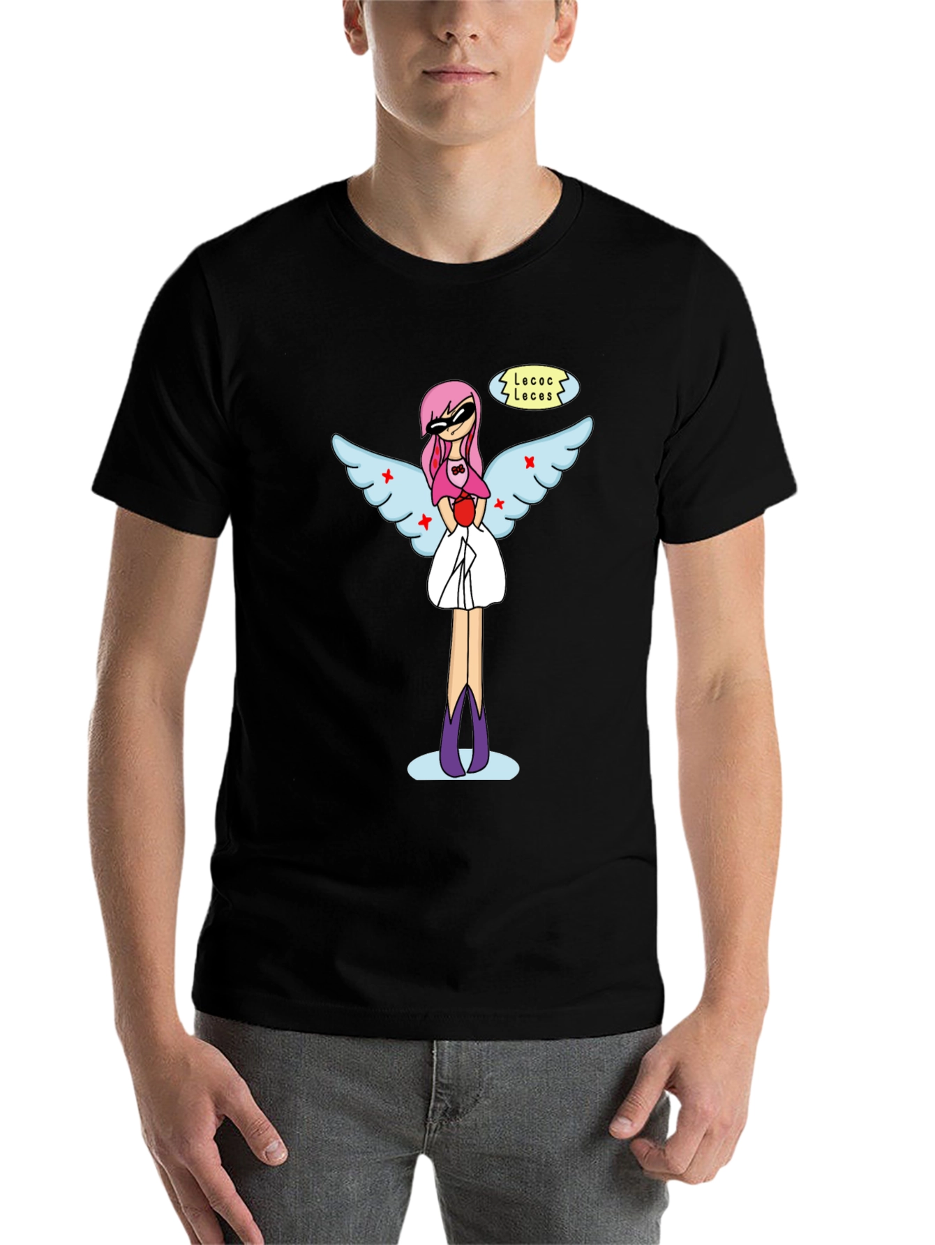 Black Whimsical Angel Graphic Tee - Black Cotton Blend view 7