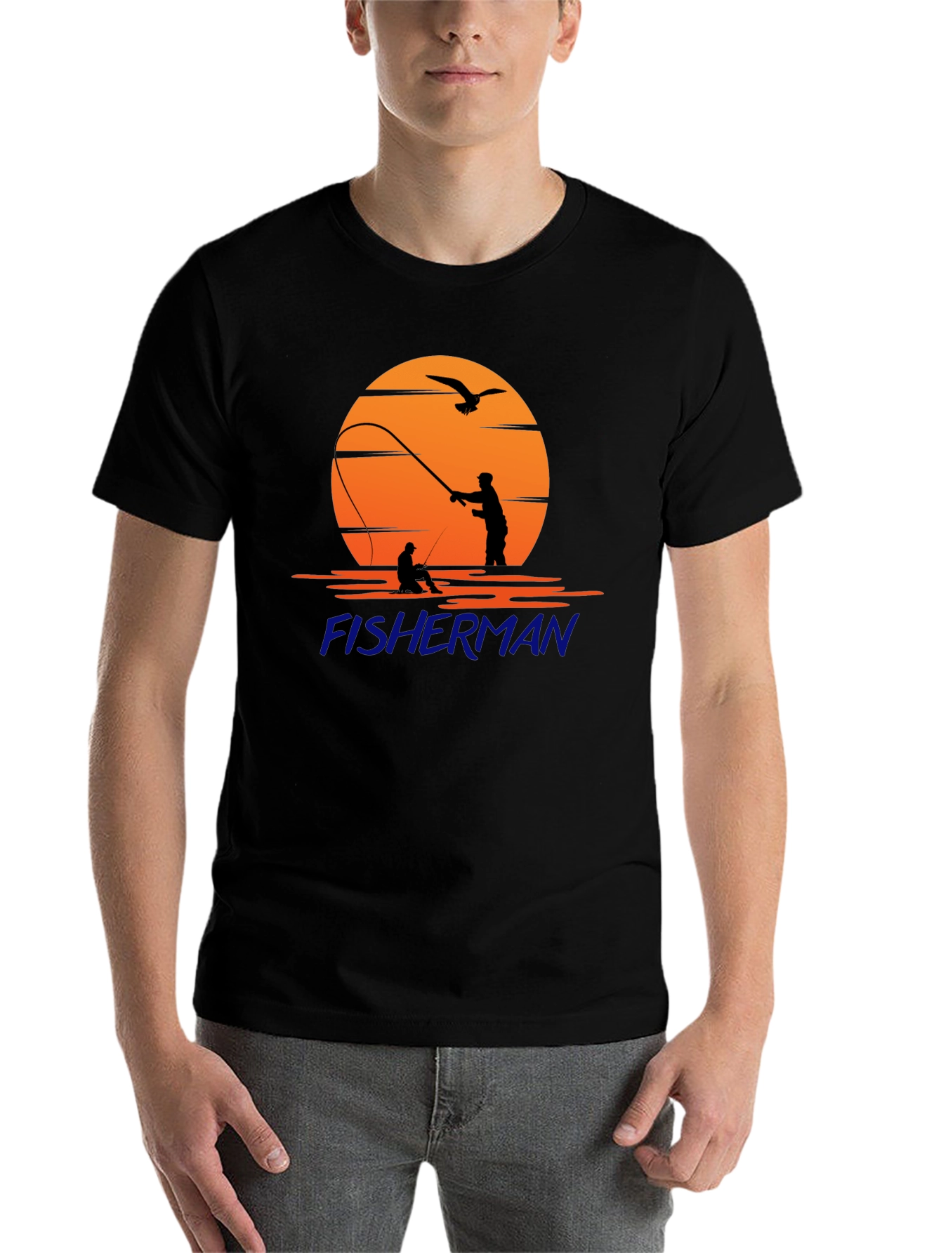 Black Fisherman Silhouette Graphic T-Shirt - Unisex Black Tee view 7