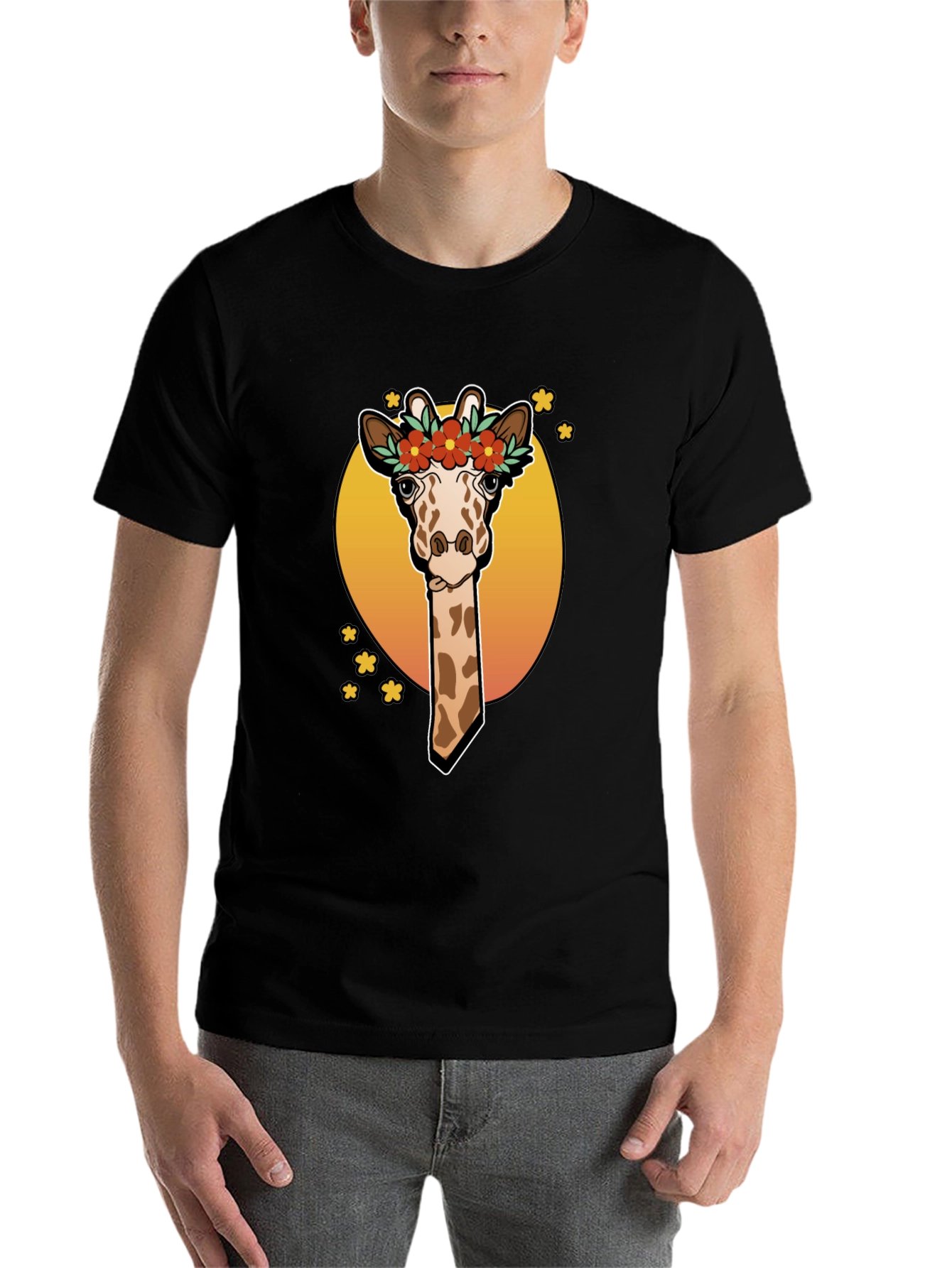Black Giraffe Flower Crown Graphic Tee - Unique Animal T-Shirt view 7