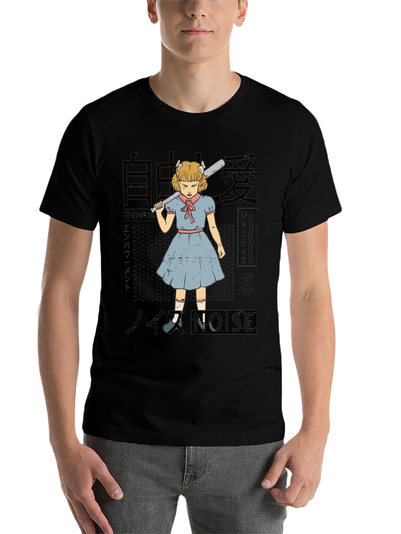 Black Retro Anime Girl with Baseball Bat Graphic Tee view 7