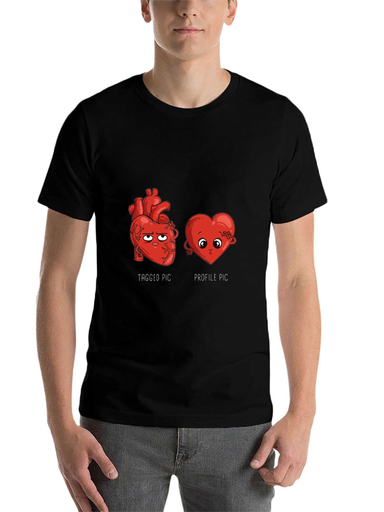 Black Funny Heart T-Shirt - Tagged vs. Profile Pic view 7