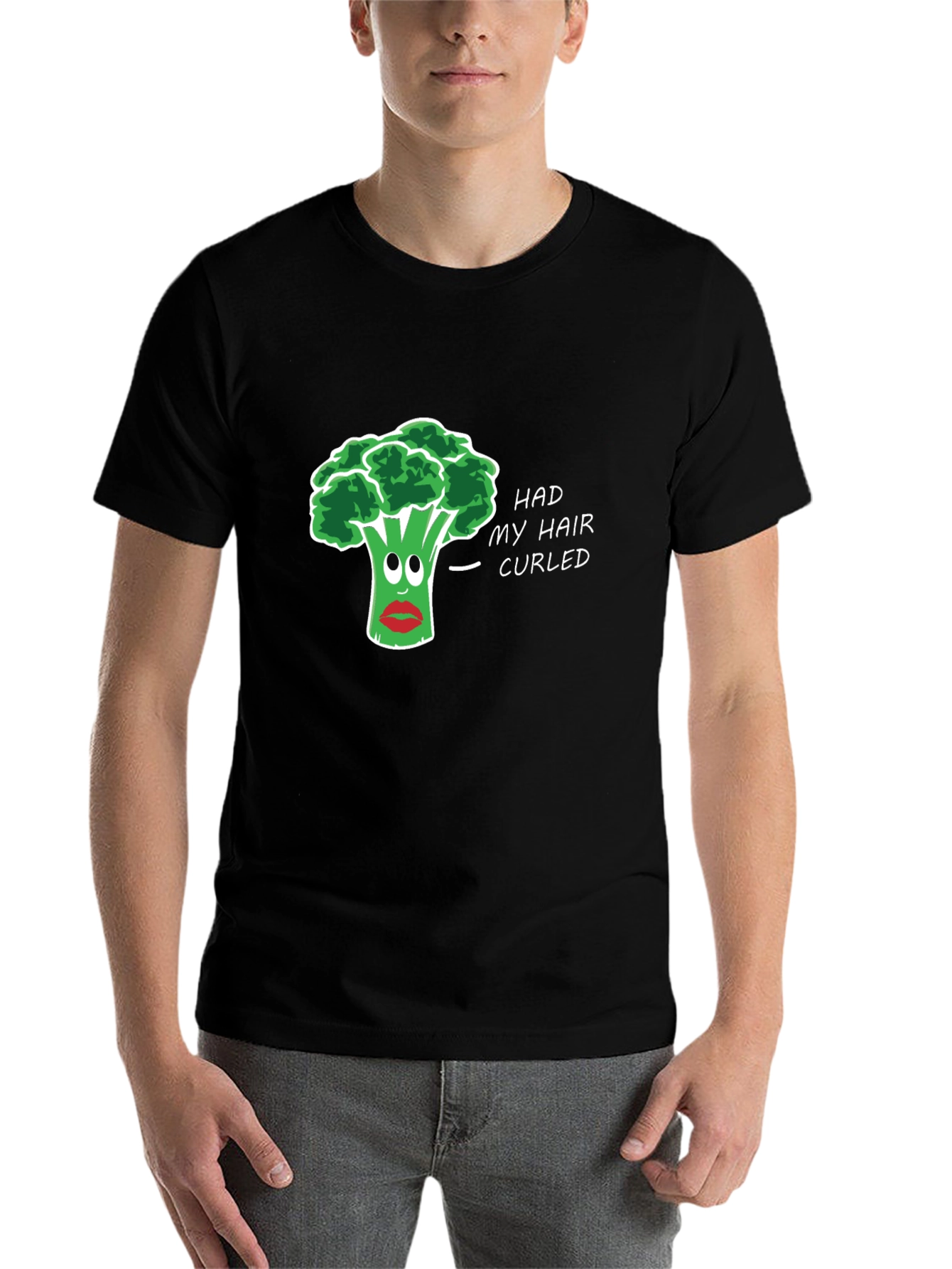Black Humorous Broccoli Hair Pun T-Shirt view 7