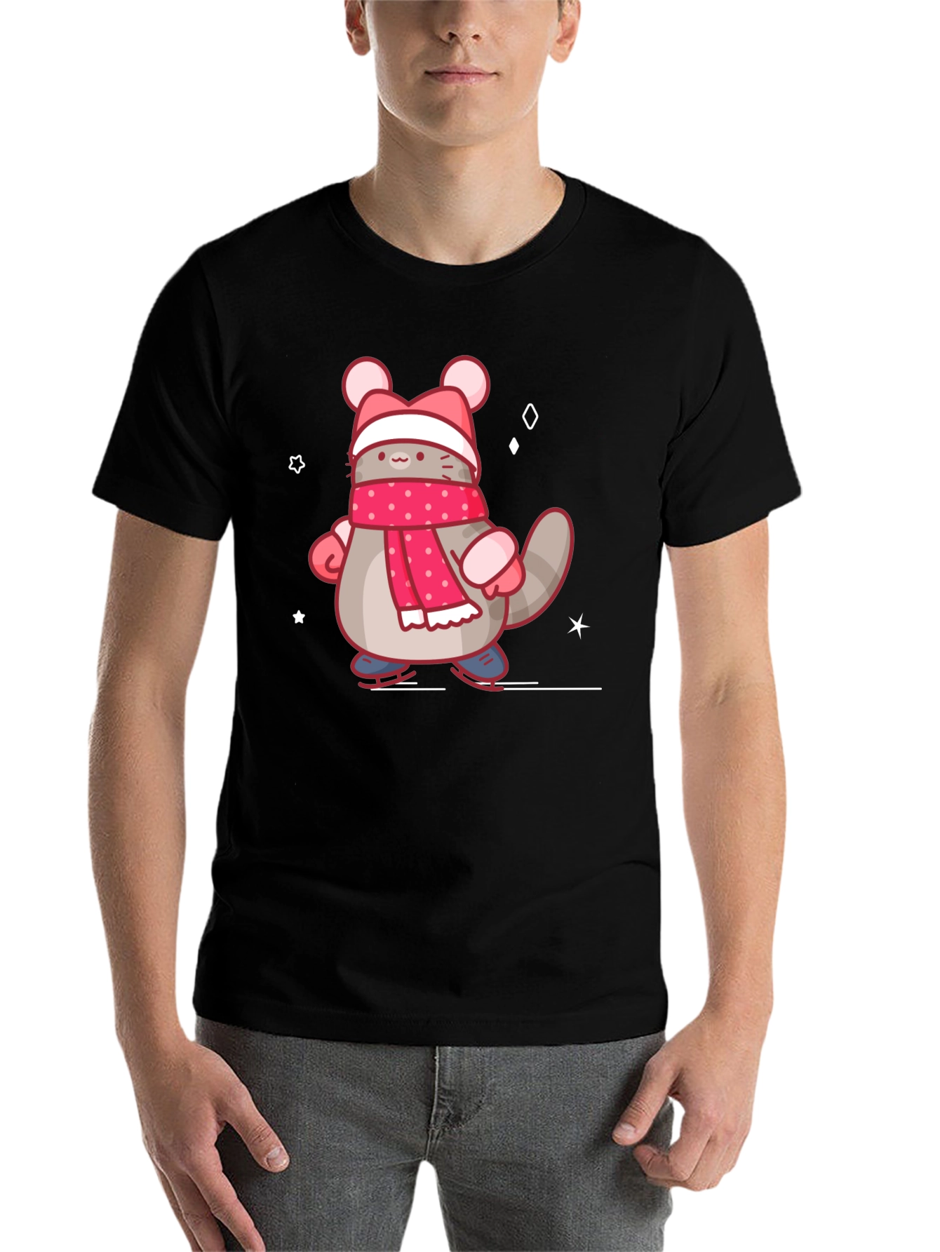 Black Cute Cartoon Cat in Winter Gear T-Shirt view 7
