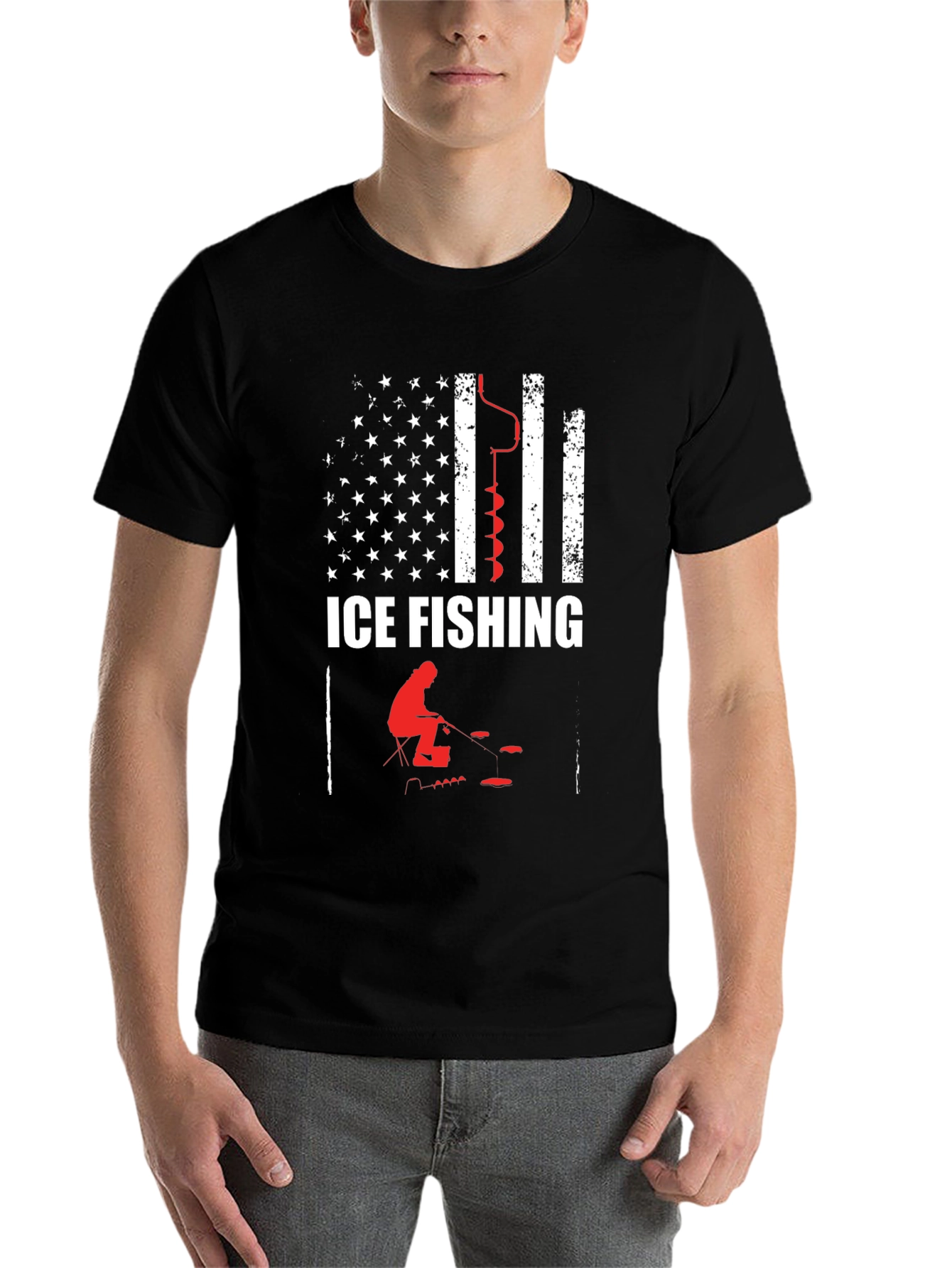 Black Ice Fishing American Flag Graphic T-Shirt view 7