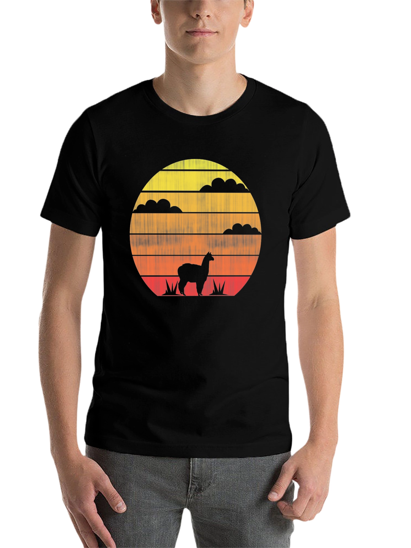 Black Retro Sunset Alpaca T-Shirt - Stylish Graphic Tee view 7